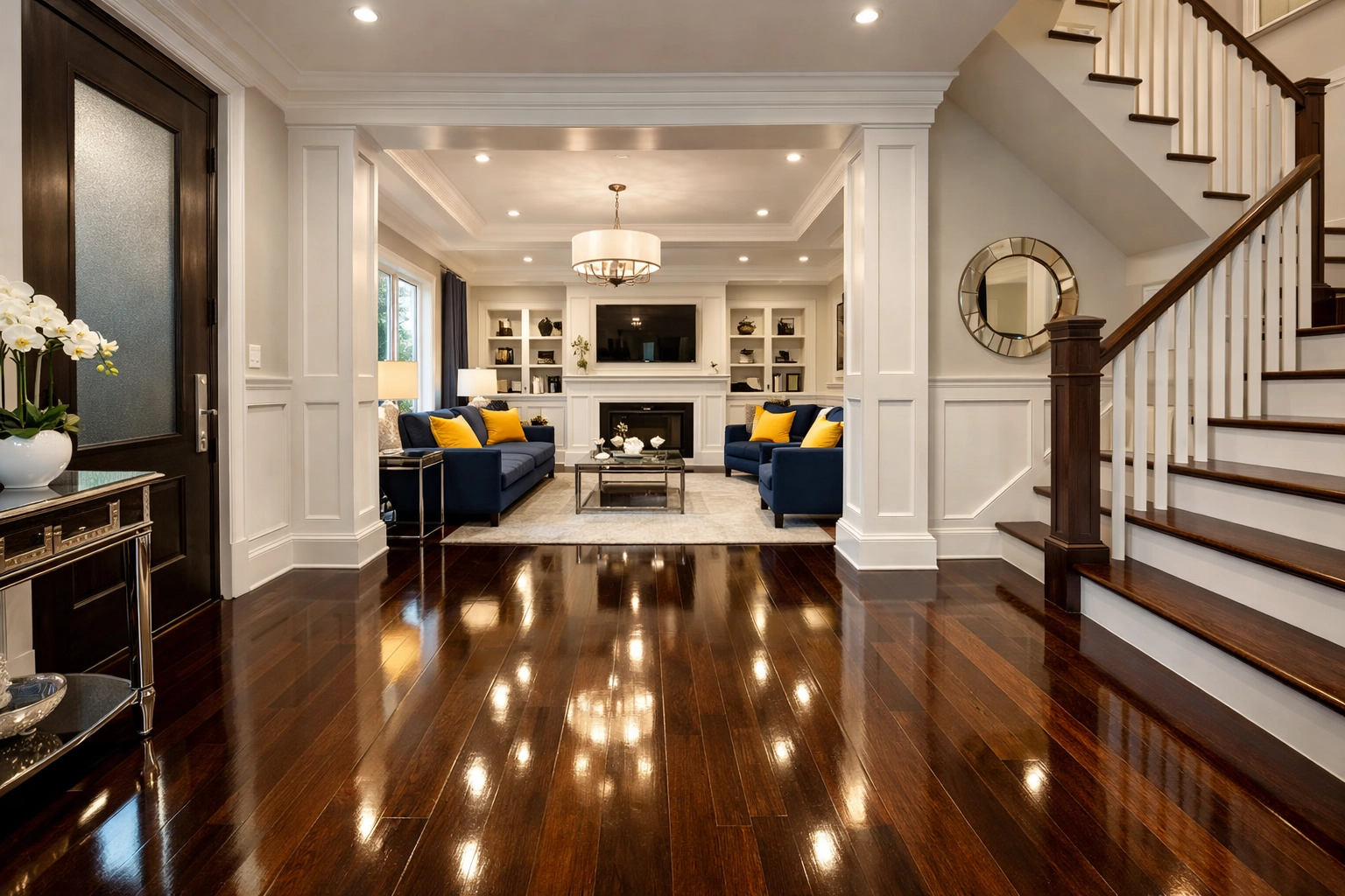 Impeccably clean home entryway with polished floors maintained by professional cleaners in Shrewsbury MA.