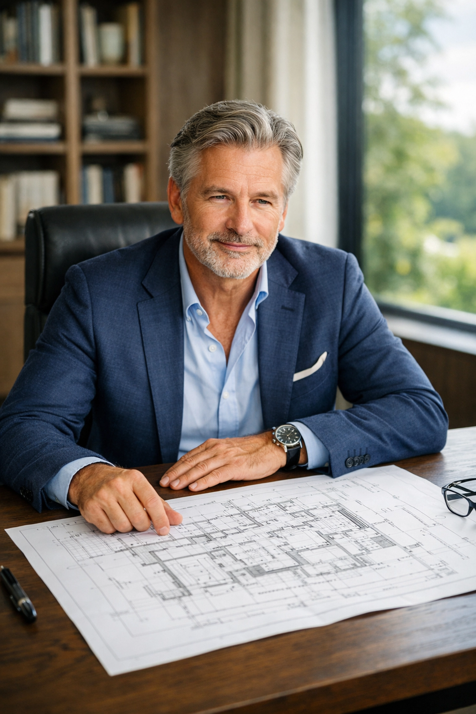 Man reviewing architectural blueprints for a well-designed retirement plan and financial peace of mind. Man reviewing architectural blueprints for a well-designed retirement plan and financial peace of mind.