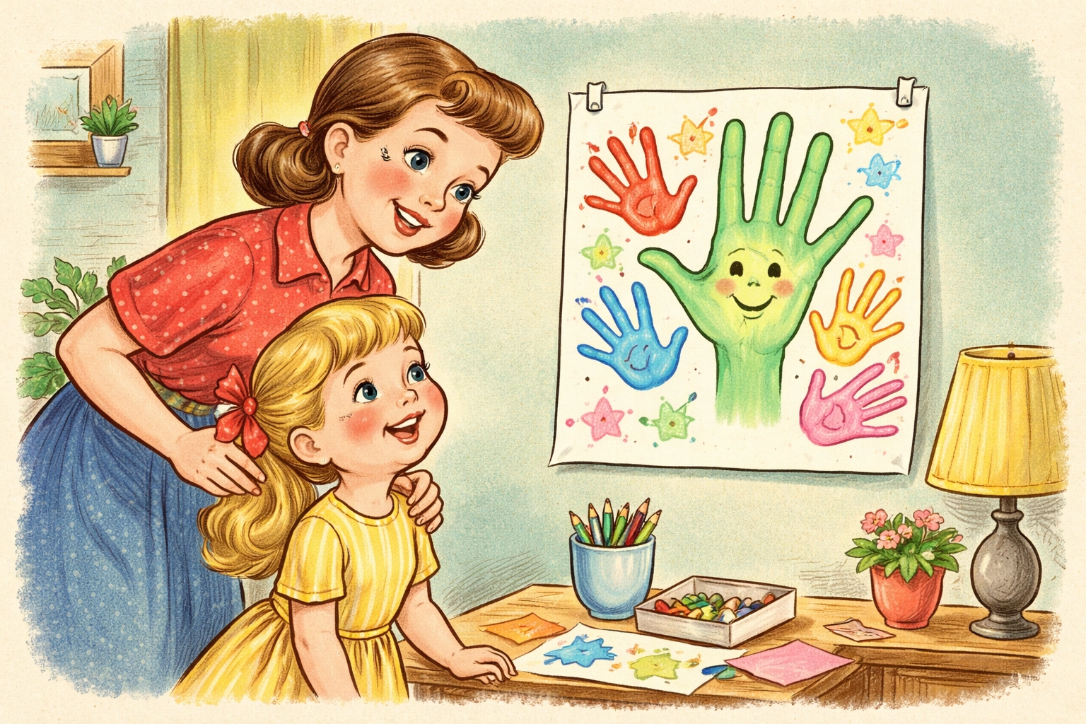 Child and parent proudly admiring their decorated family hand outline poster on the wall