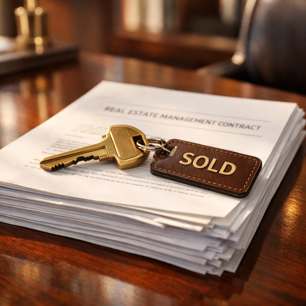 Brass key on a stack of property management contracts symbolizing a completed business sale and purchase agreement.