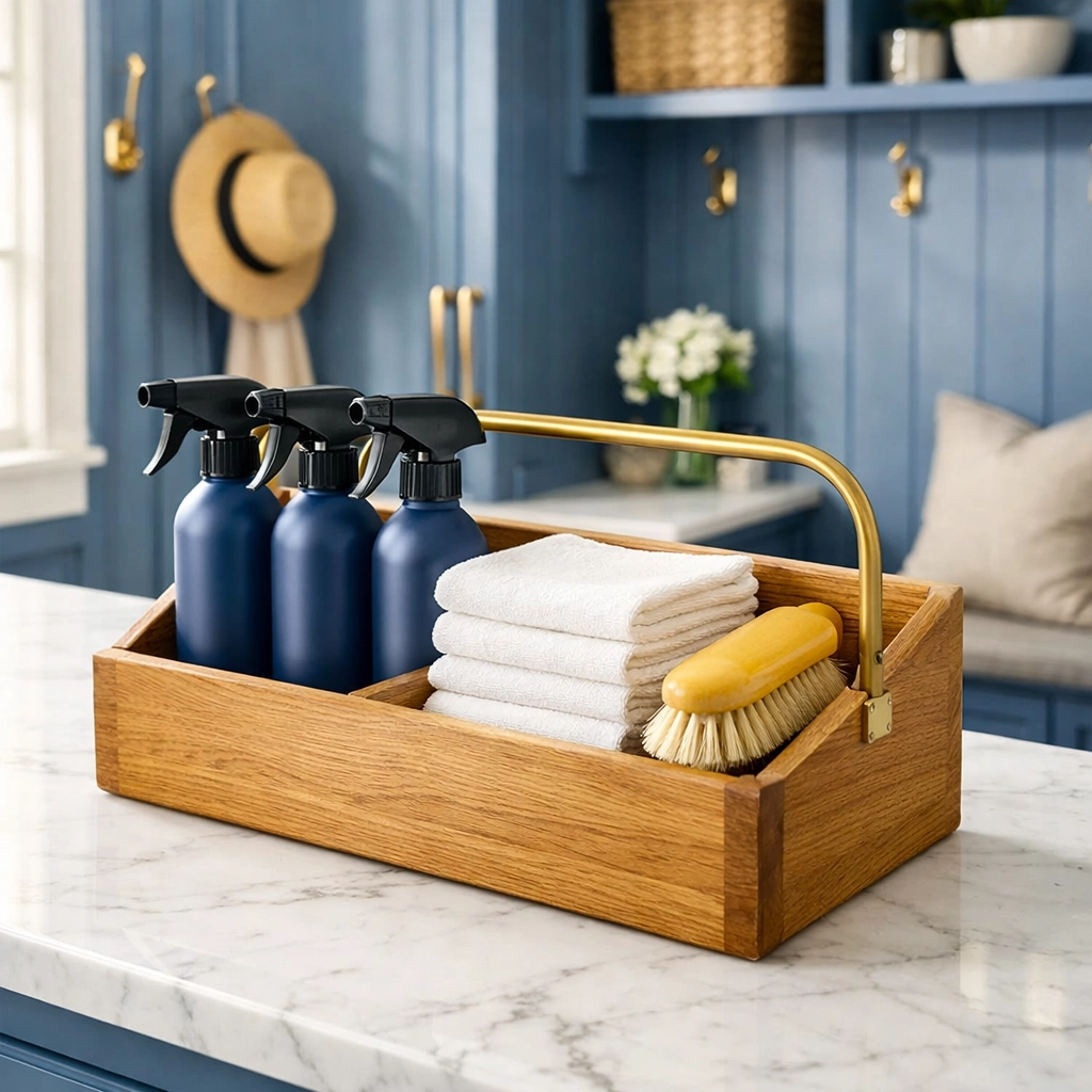 Professional cleaning supplies organized in a luxury mudroom for Spring Cleaning in Massachusetts.