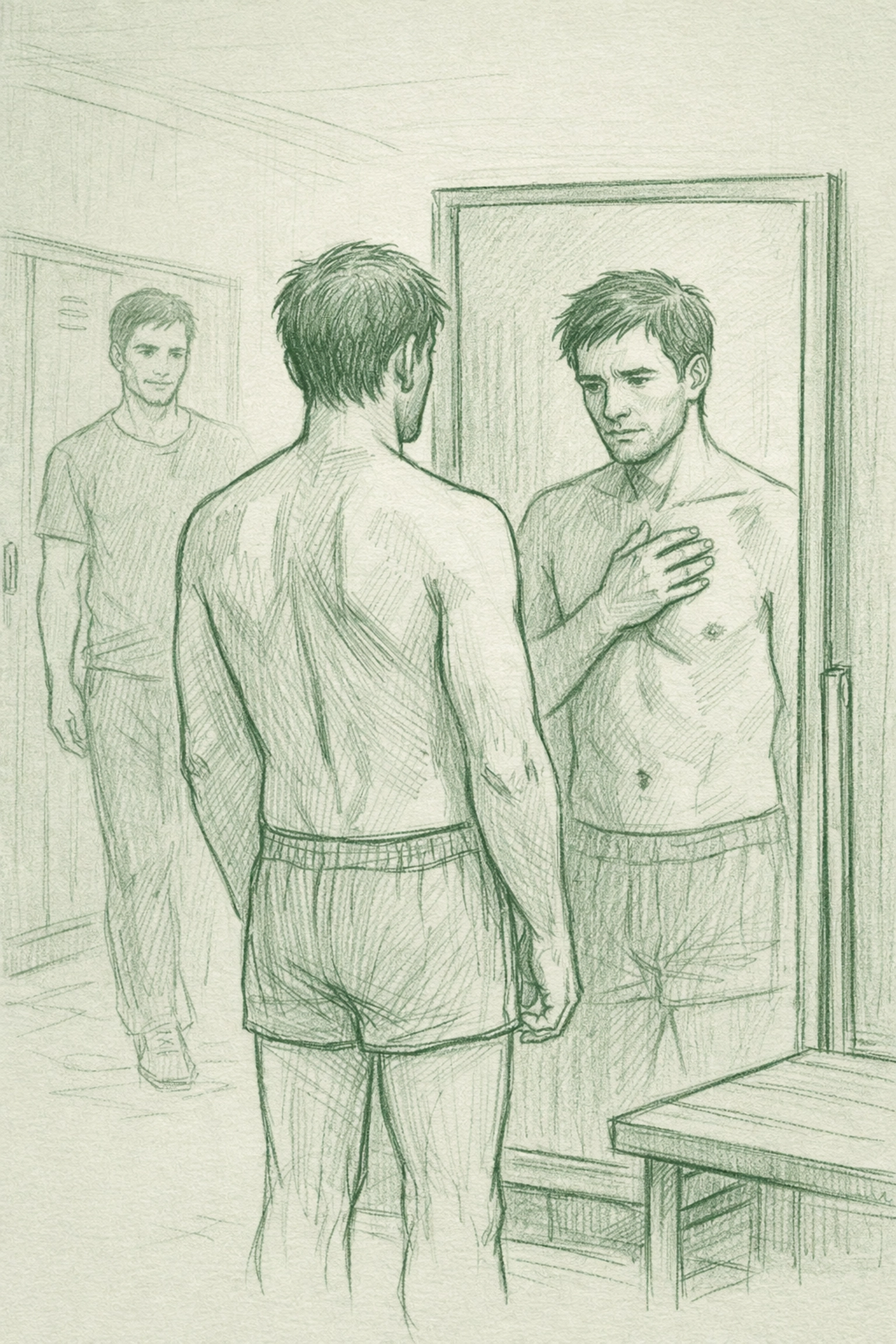 Man reflecting on vulnerability and authentic connection in gay sauna locker room