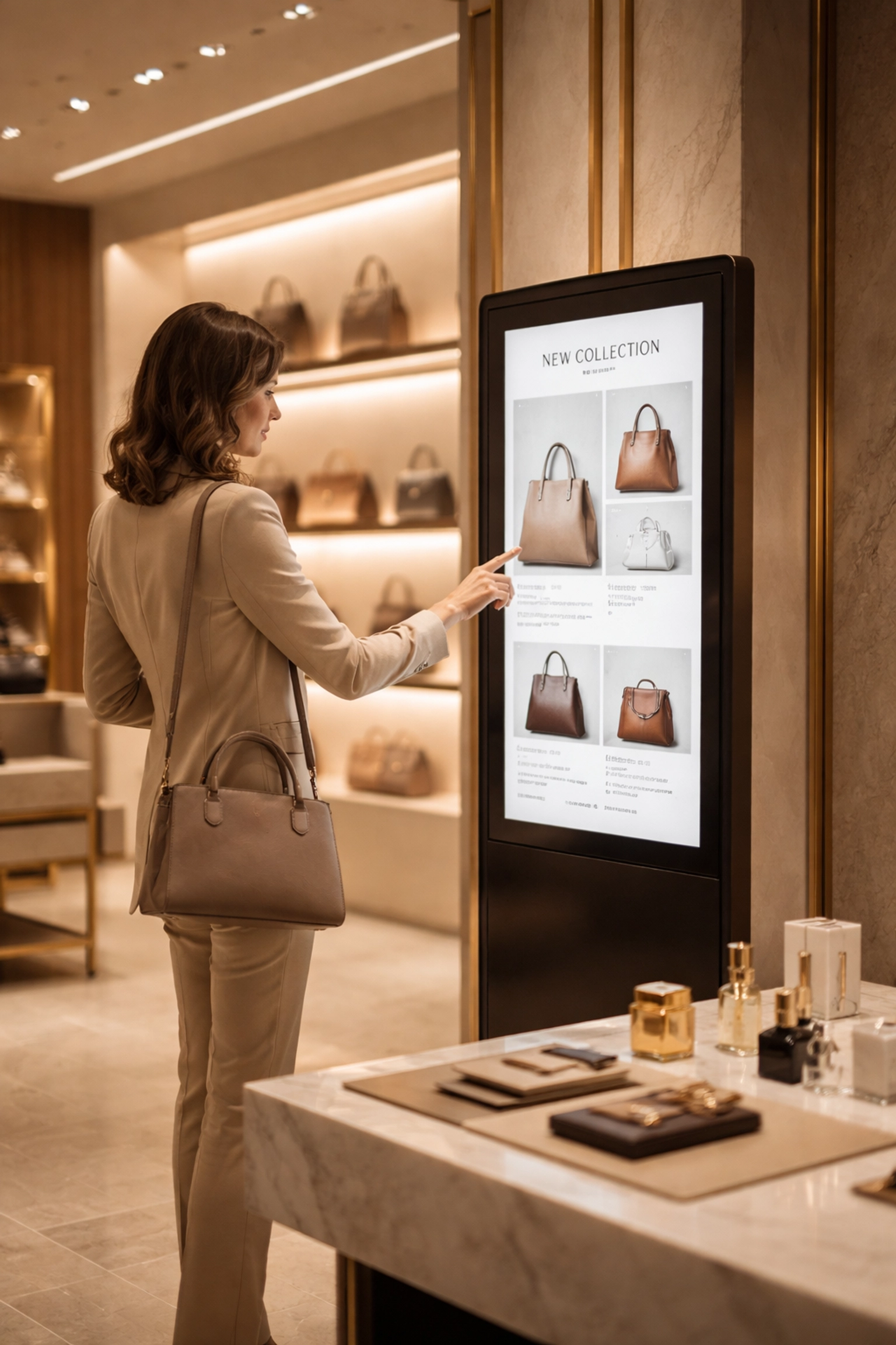 High-end retail store with digital display kiosk engaging customer, highlighting modern in-store technology