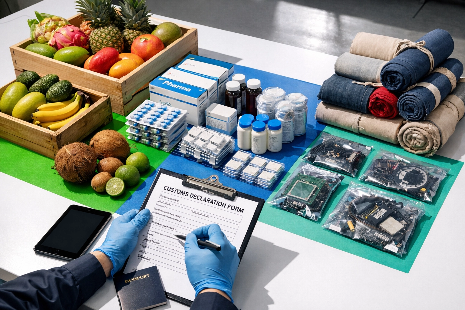 Customs officer inspecting diverse imported goods including produce and electronics