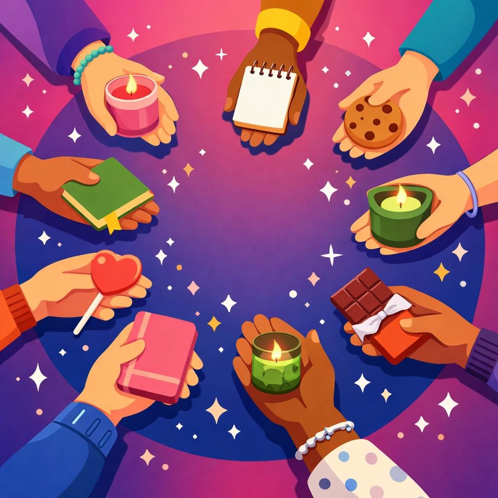 Community members participating in a favorite things gift exchange event at a local business.