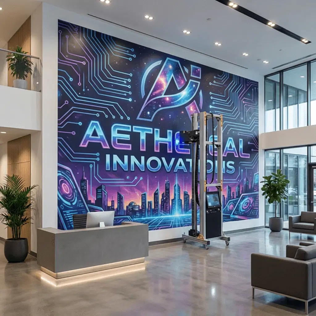 Large-format mural installation in a corporate lobby featuring a vibrant cityscape and digital circuitry