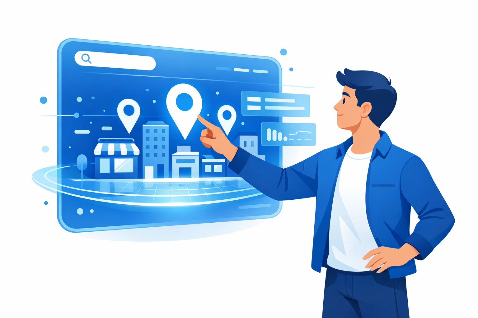 Illustration of a person using AI search to discover local Monmouth County businesses on a digital map.