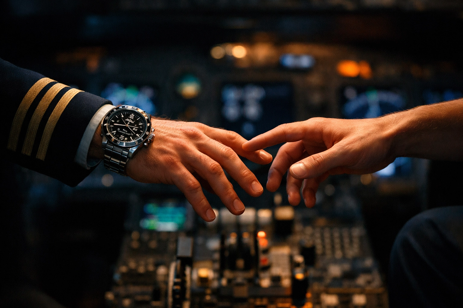 Two male pilots' hands nearly touching on cockpit controls - workplace romance tension moment