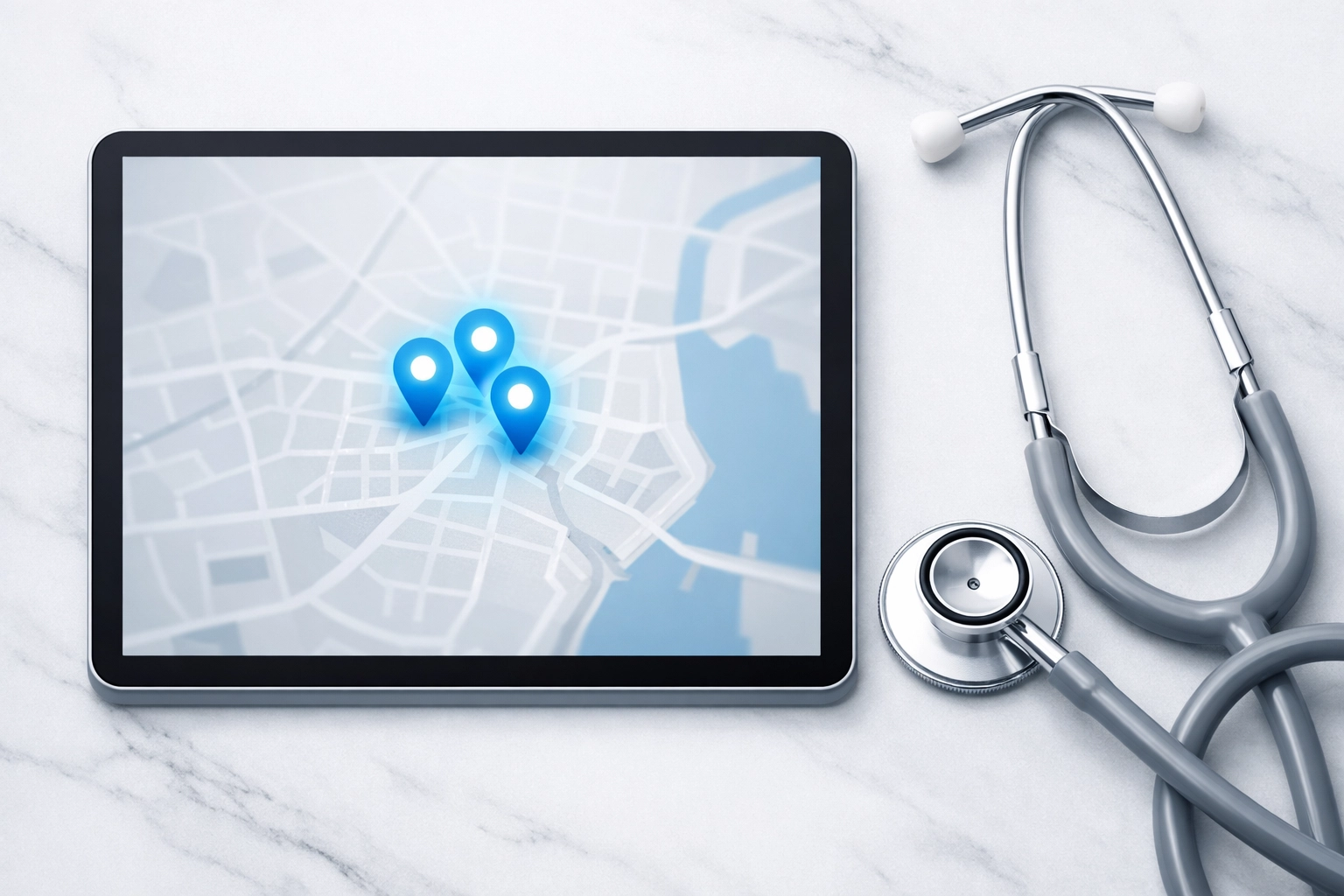 Tablet displaying Google Map Pack rankings with three map pins for local chiropractic SEO.