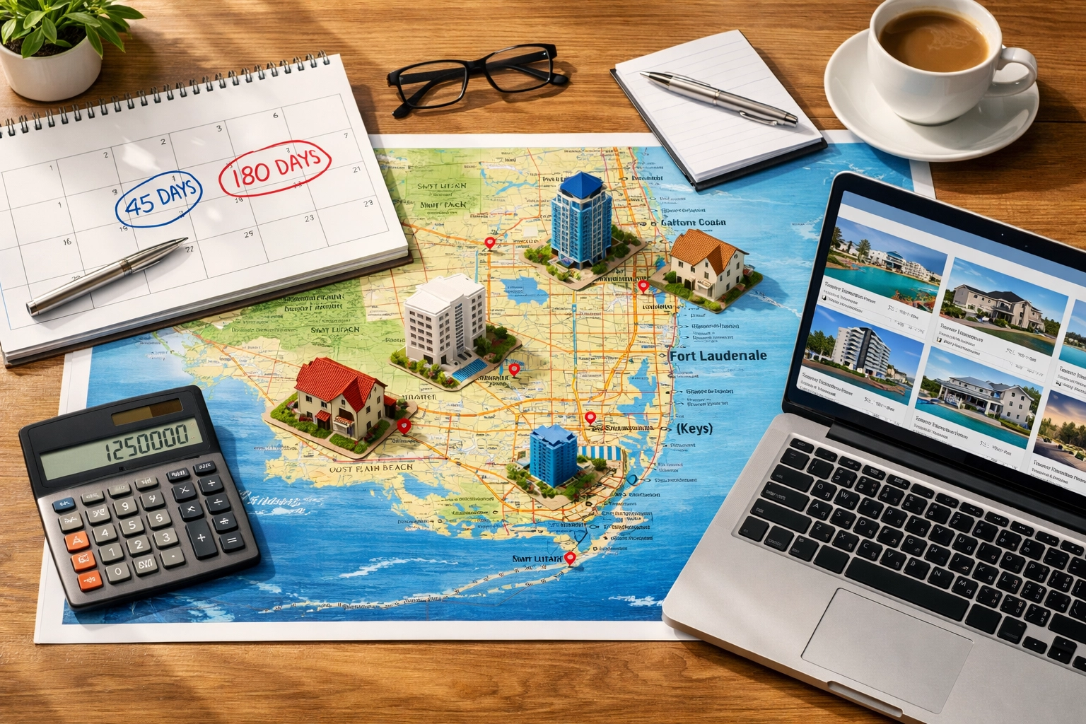 1031 exchange timeline planning with South Florida property map and calendar showing key deadlines