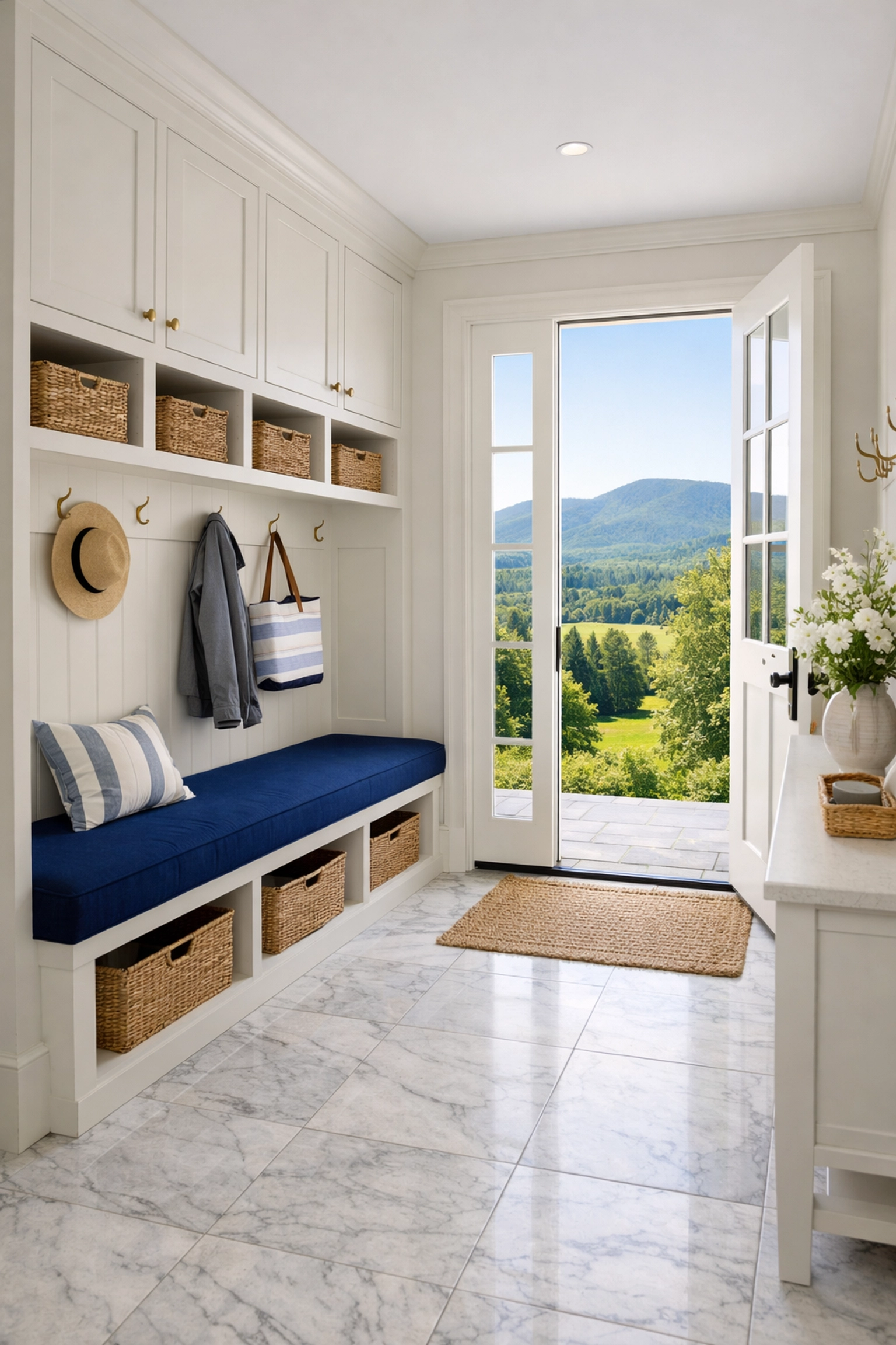 Organized mudroom with polished floors, keeping an Egremont house clean through every season.