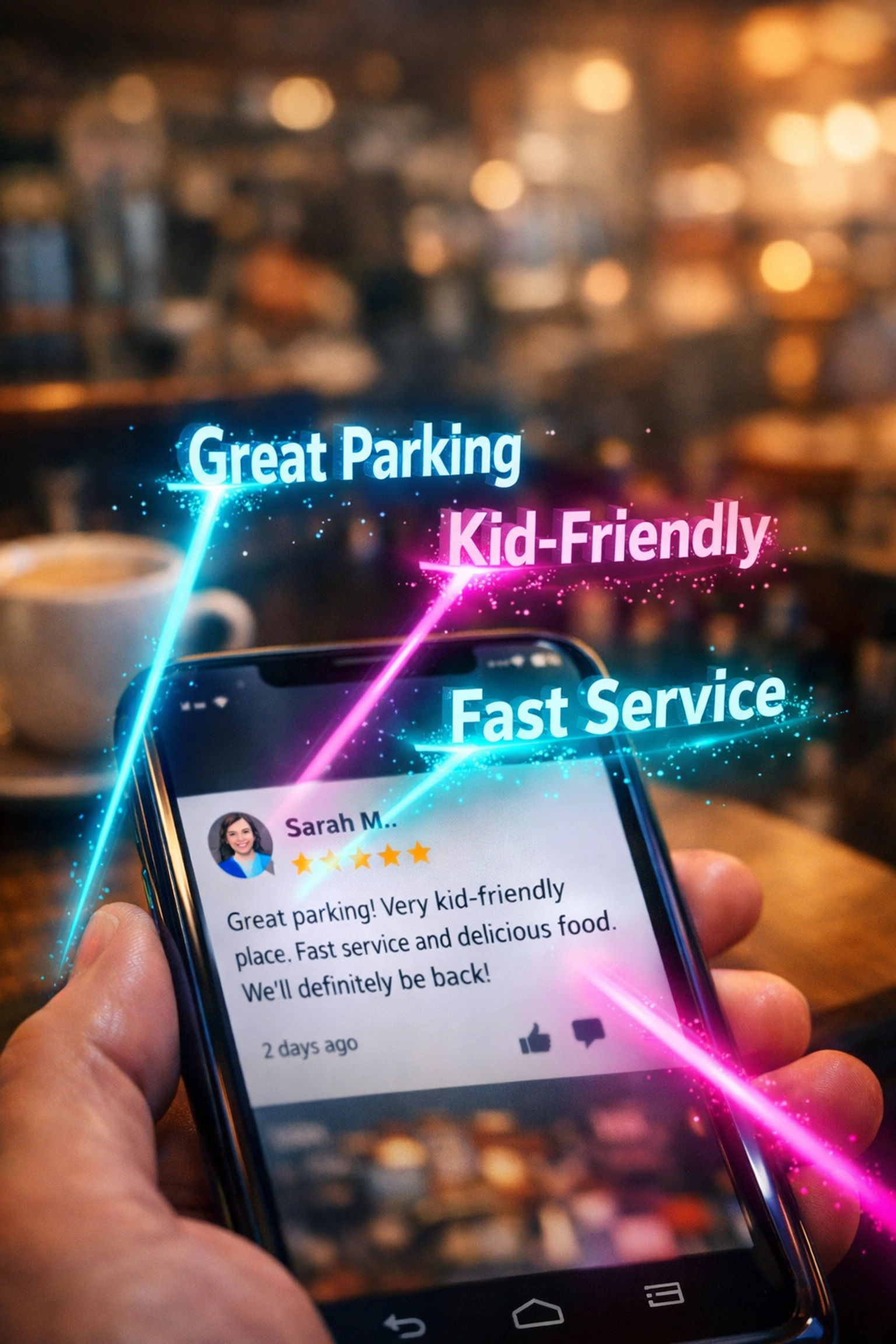 AI scanning Google review text for keywords like parking and kid-friendly to answer customer questions