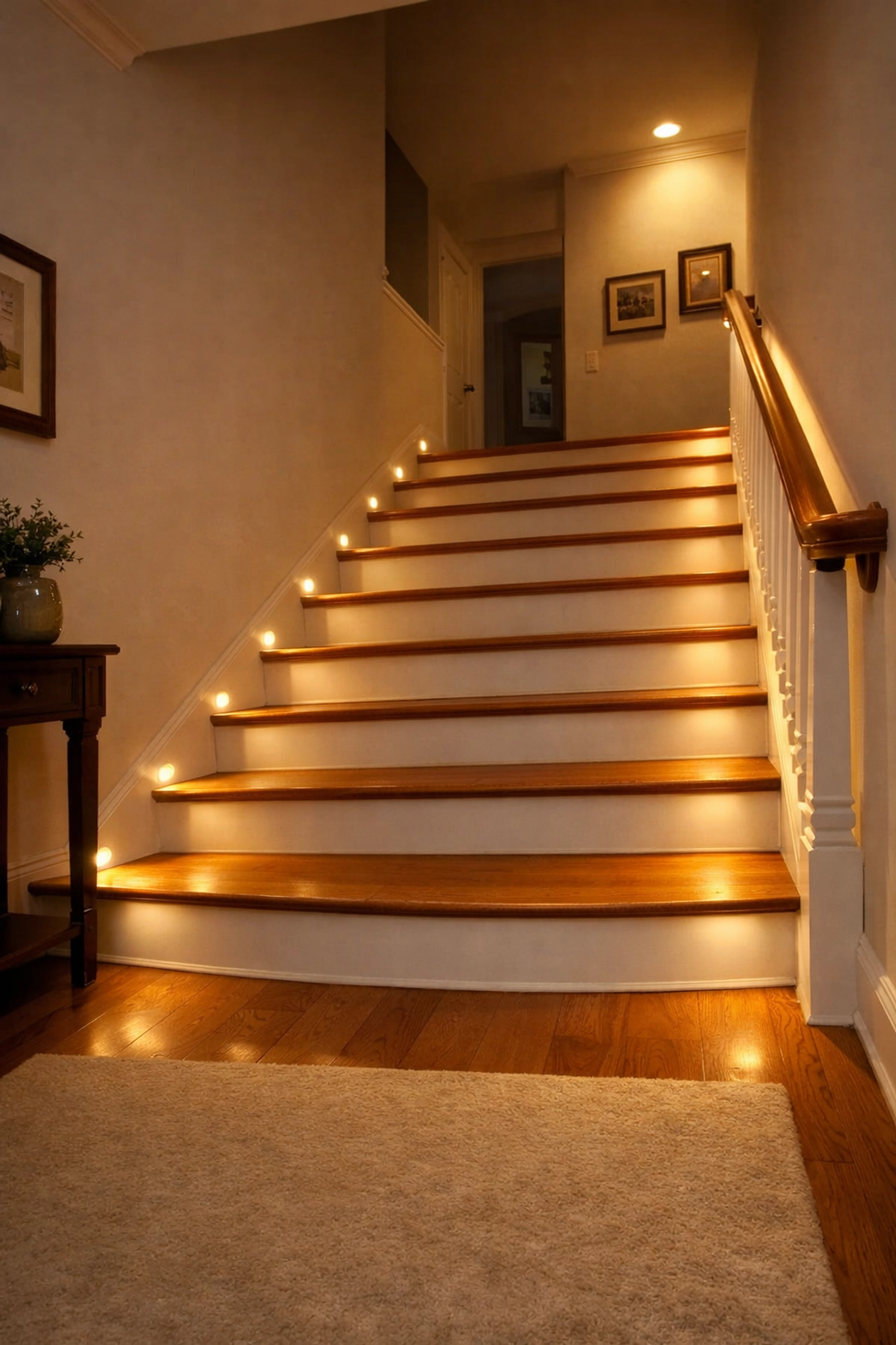Motion-sensor LED stair lights on baseboards providing clear visibility and safety in the evening.