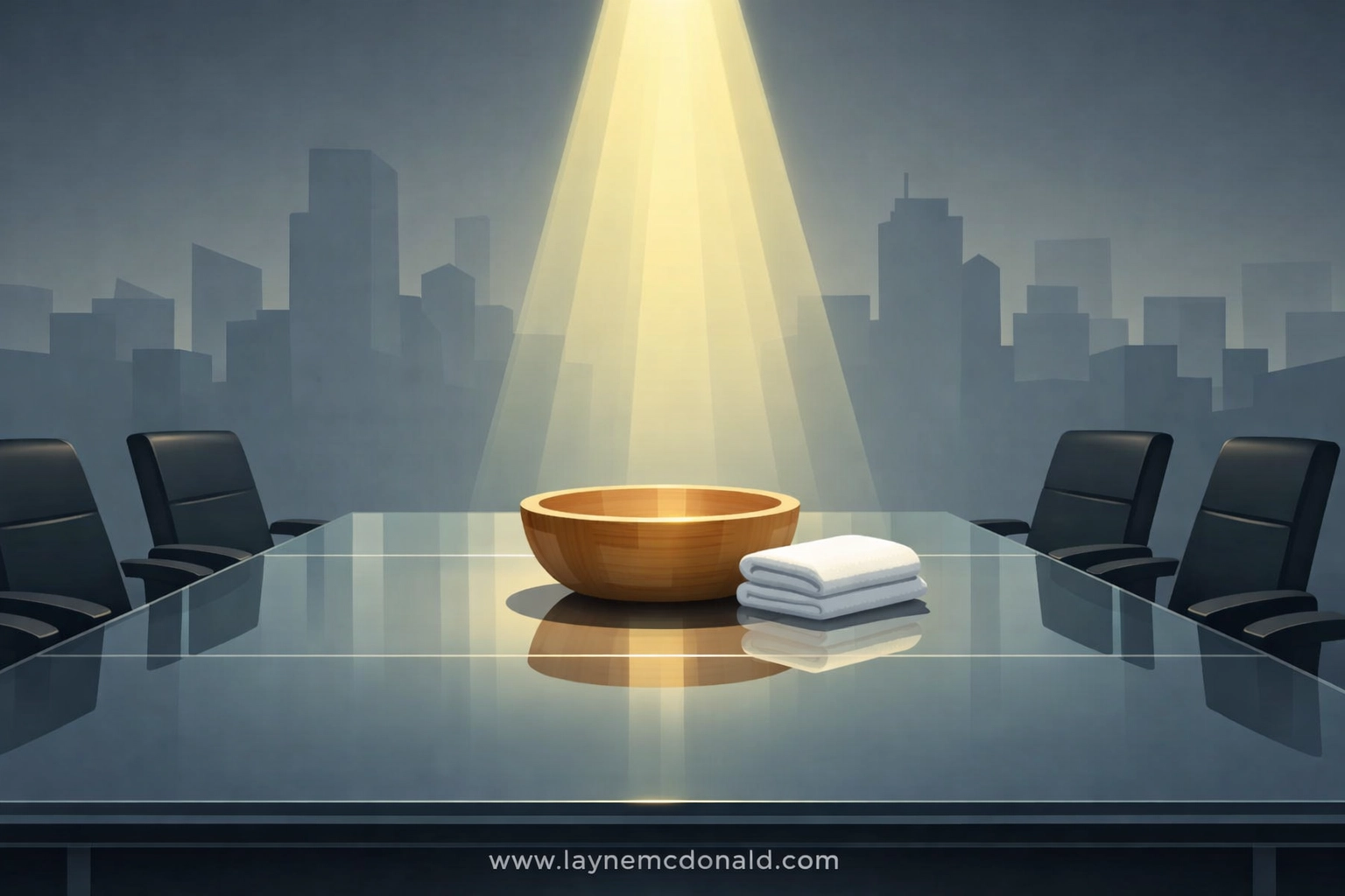 Vector illustration of a basin and towel on a boardroom table, symbolizing Christian servant leadership in business.