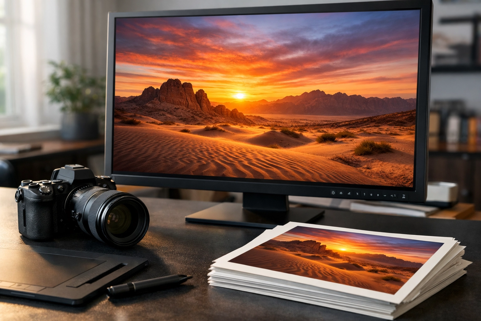 Professional photography workspace displaying high-quality landscape edits ready for image compression.