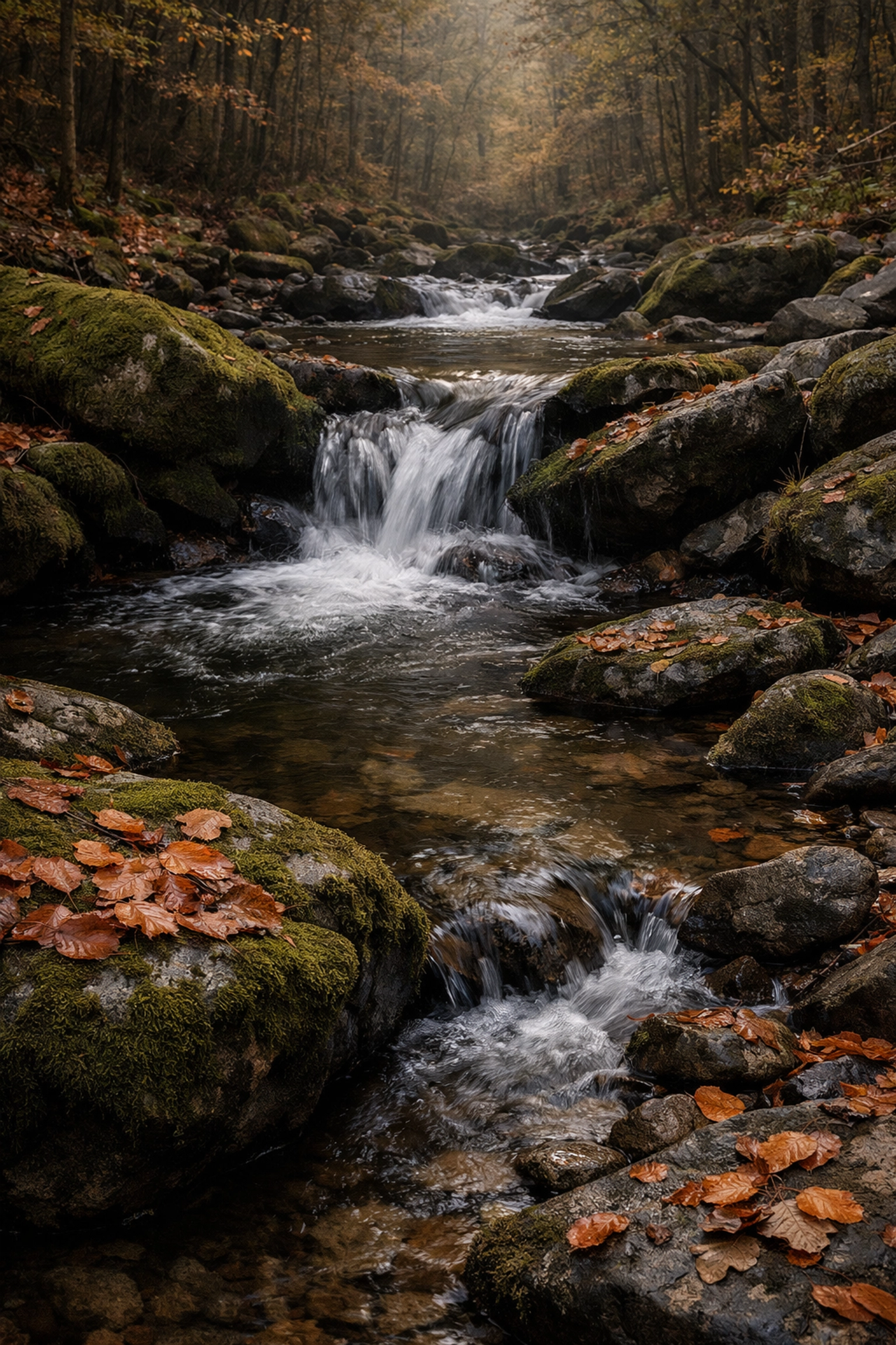 Forest stream with natural autumn colors, avoiding over-saturation in landscape photography.