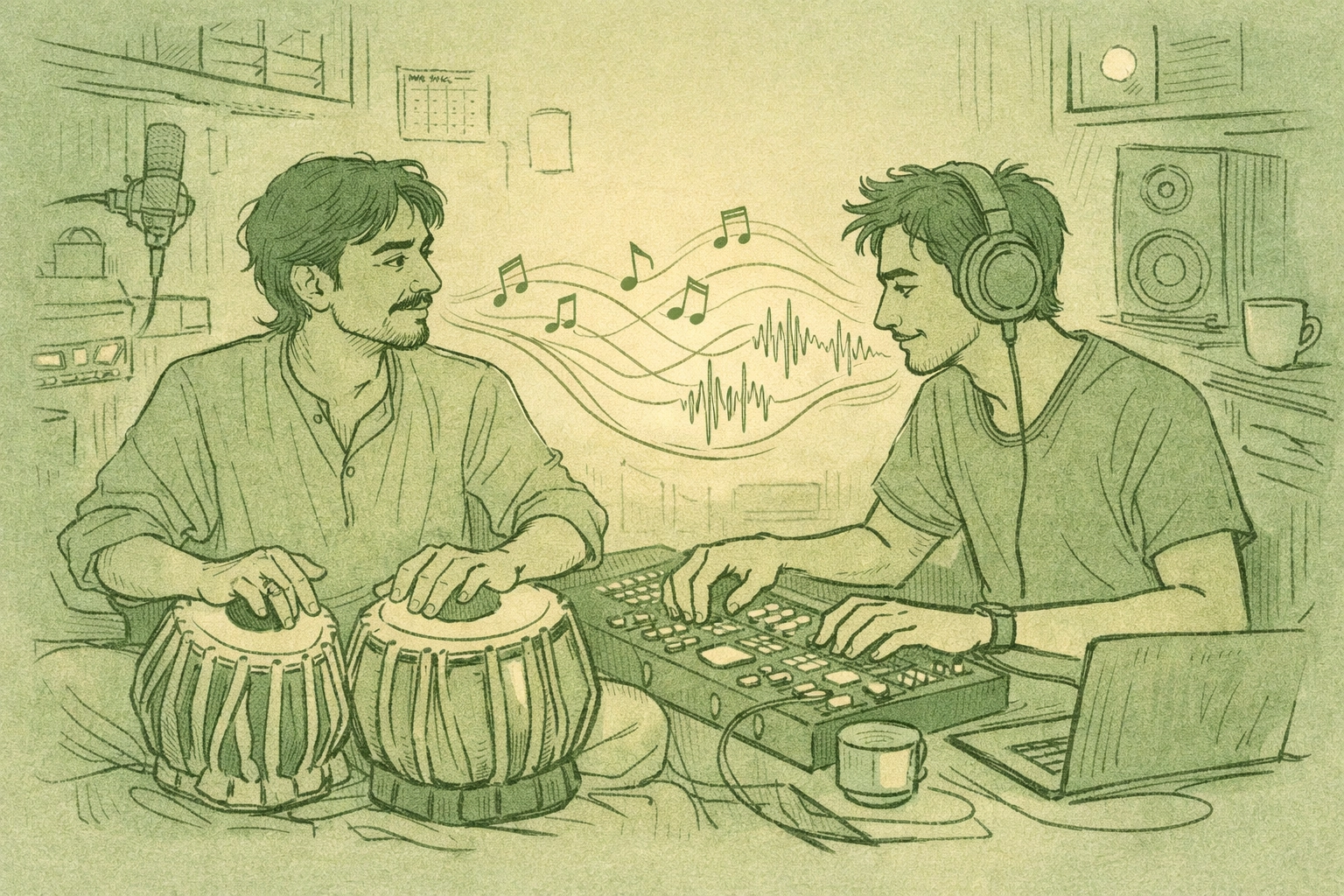 Indian MM couple making music together in Mumbai studio blending traditional tabla with modern beats