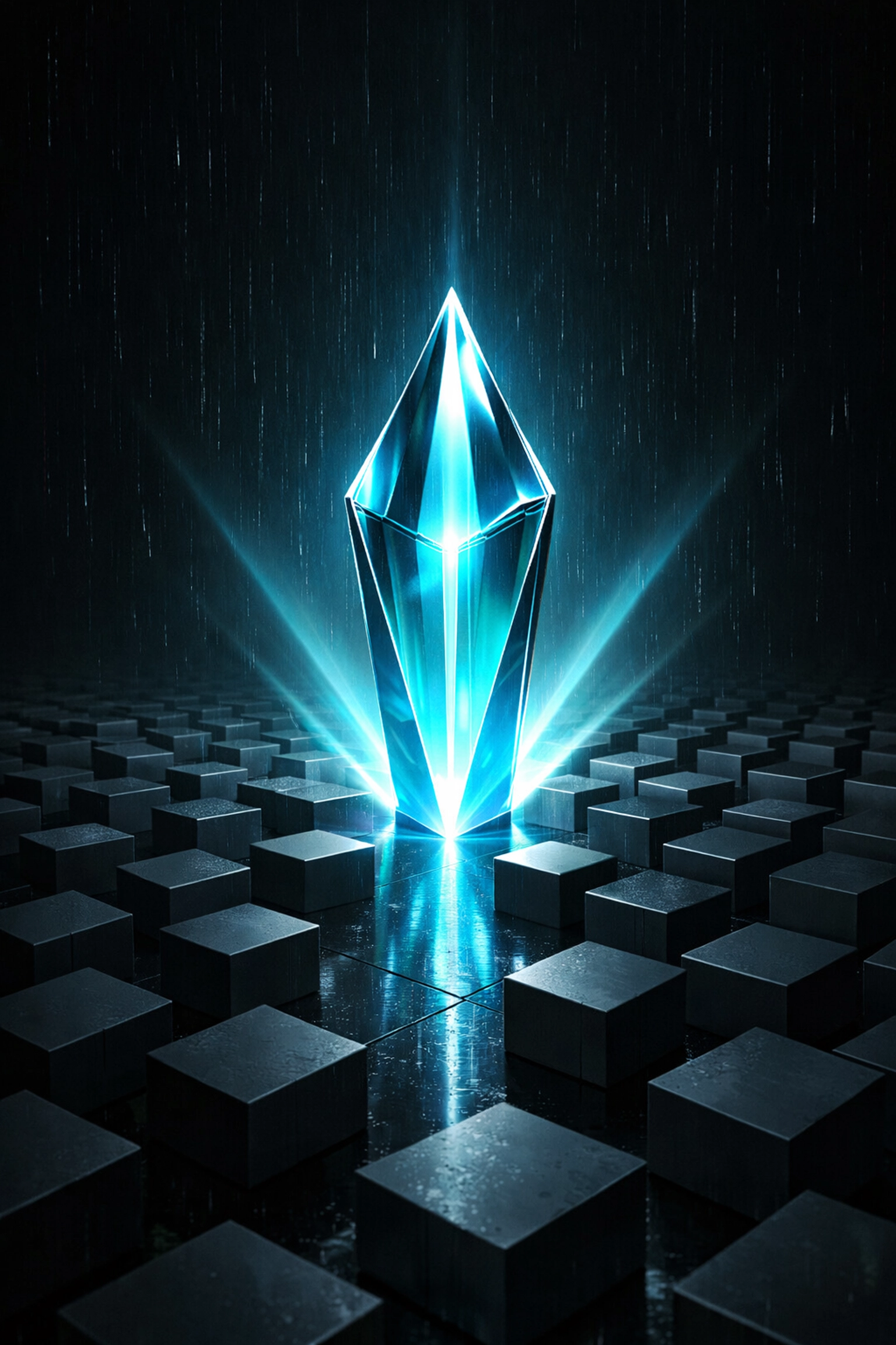 Glowing glass prism rising above generic blocks, visualizing information gain and technical seo services for law firms.