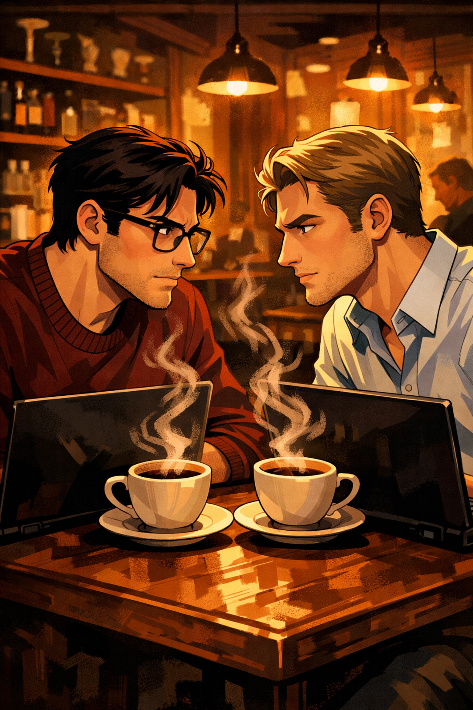 Two men connecting over coffee representing MM romance workplace relationships
