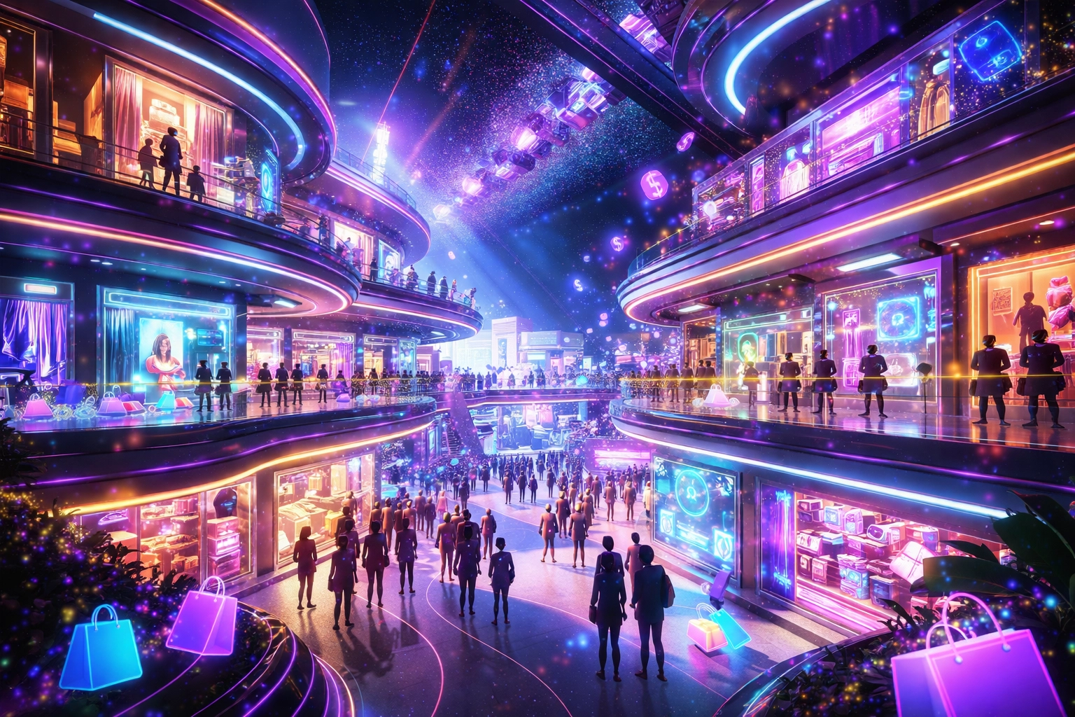 Virtual shopping mall in the metaverse showing VR-based social commerce and crypto payments innovation.