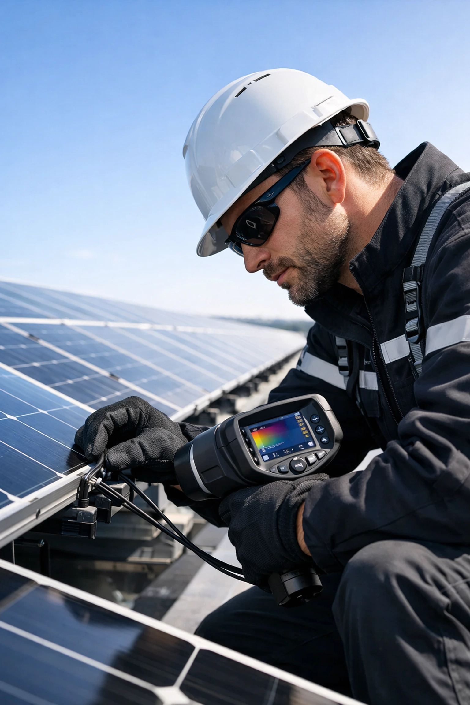 Professional solar technician performing a quality maintenance check on a commercial solar array.