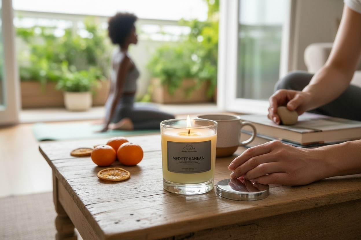 Cakaza Mediterranean candle burns beside citrus and a wellness journal in a calm, plant-filled space—fresh, serene, and ritual-ready.