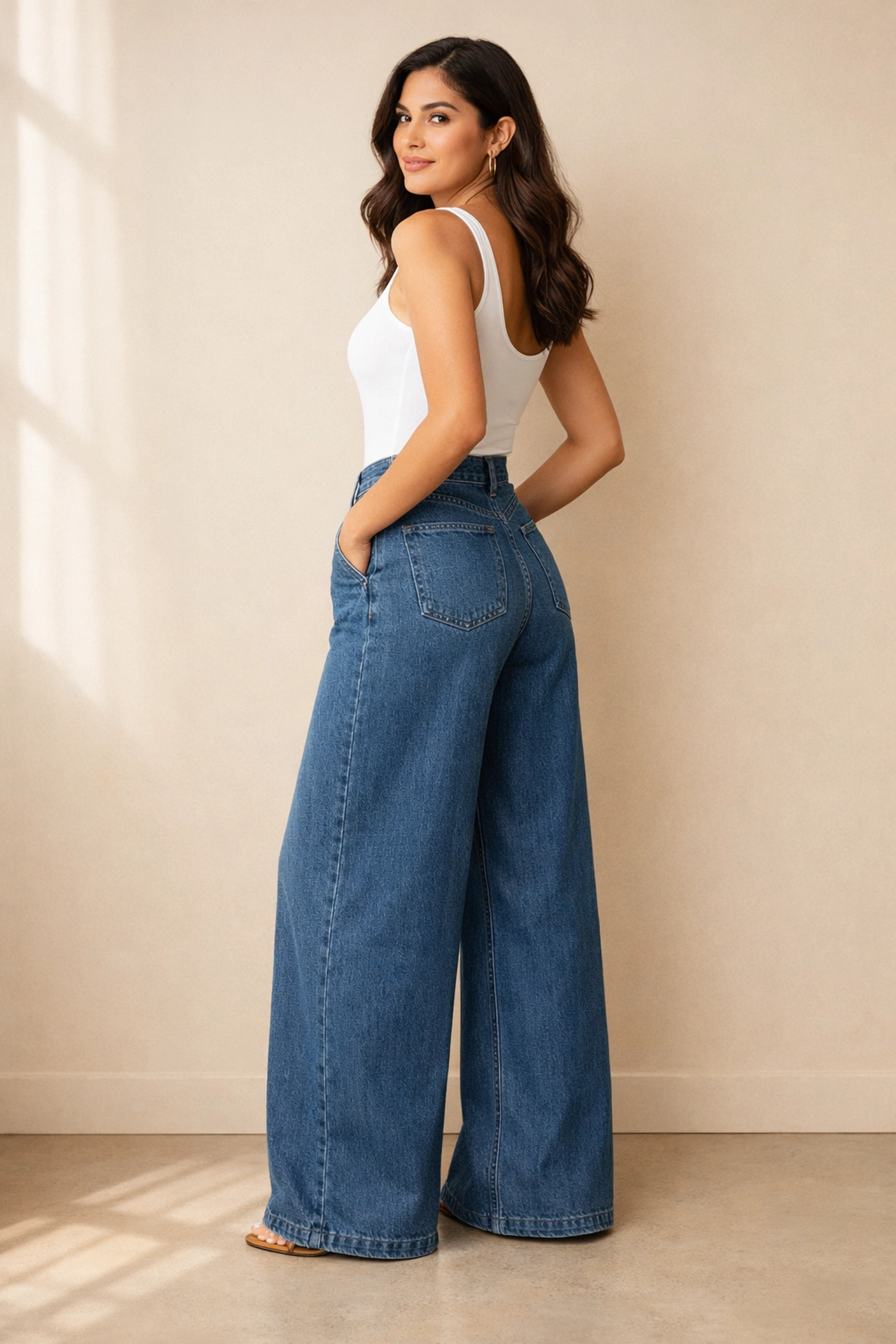 Mujer usando jeans wide leg de tiro alto con blusa ajustada metida para equilibrar proporciones