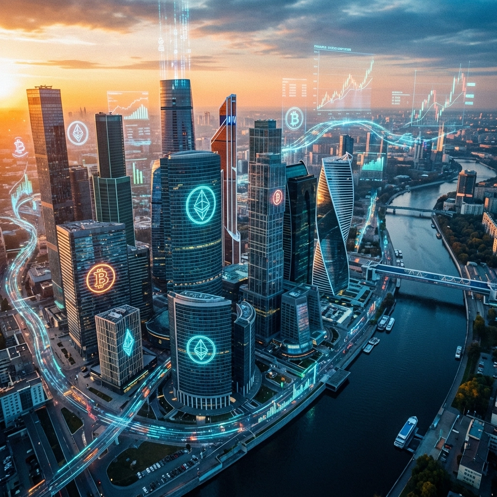 Futuristic cityscape blending finance and cryptocurrency, highlighting institutional-grade crypto in diversified portfolios