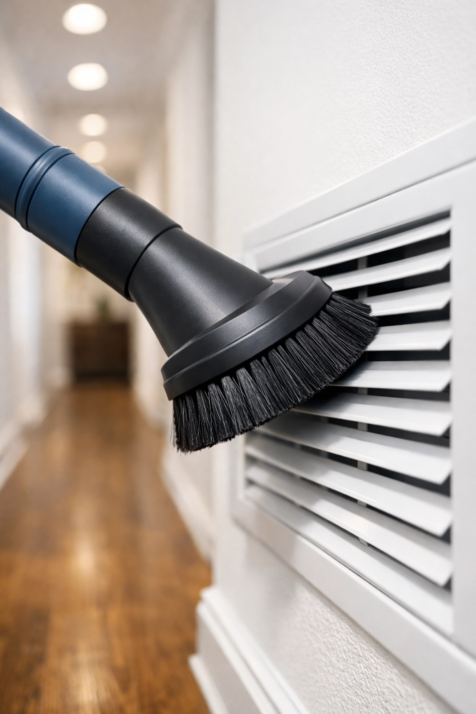 Using a vacuum brush attachment to clean air vents during a bi weekly house cleaning.