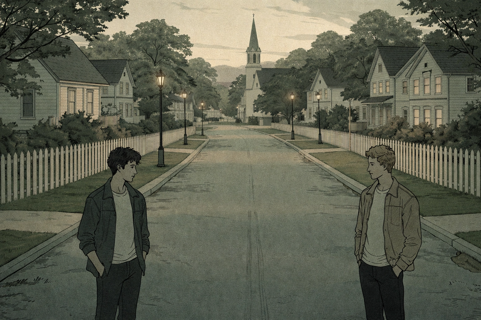 Two young men exchanging longing glances across a quiet Oak Creek street, highlighting small-town secrets and forbidden MM romance.