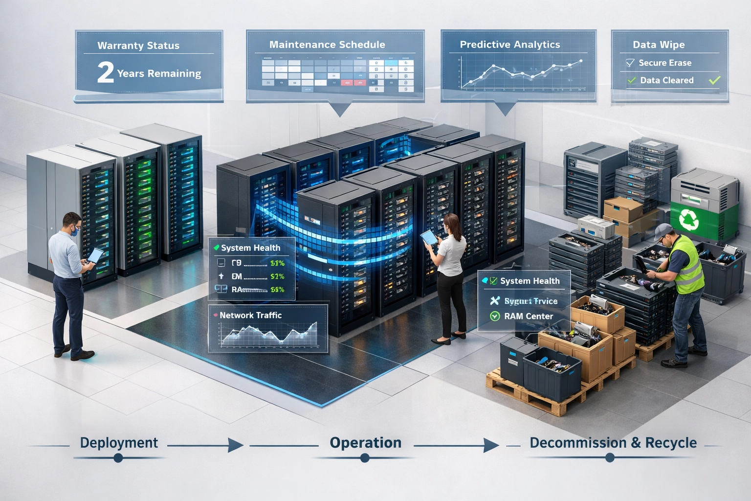 Hardware asset lifecycle management workflow in ServiceNow showing maintenance and replacement planning