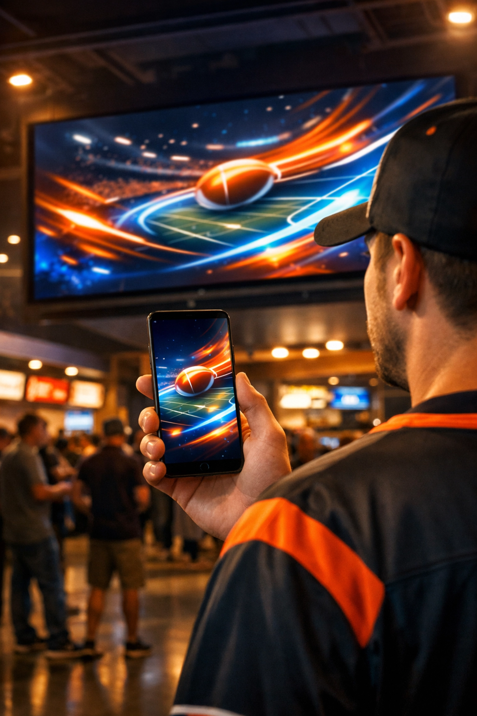 Sports fan using a smartphone near a digital screen illustrating mobile integration in a smart stadium.