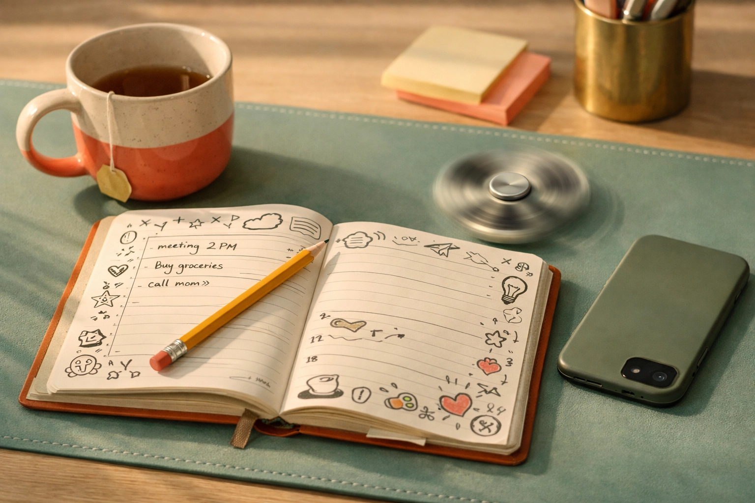 Adult ADHD workspace with planner, fidget spinner, and organized chaos on modern desk