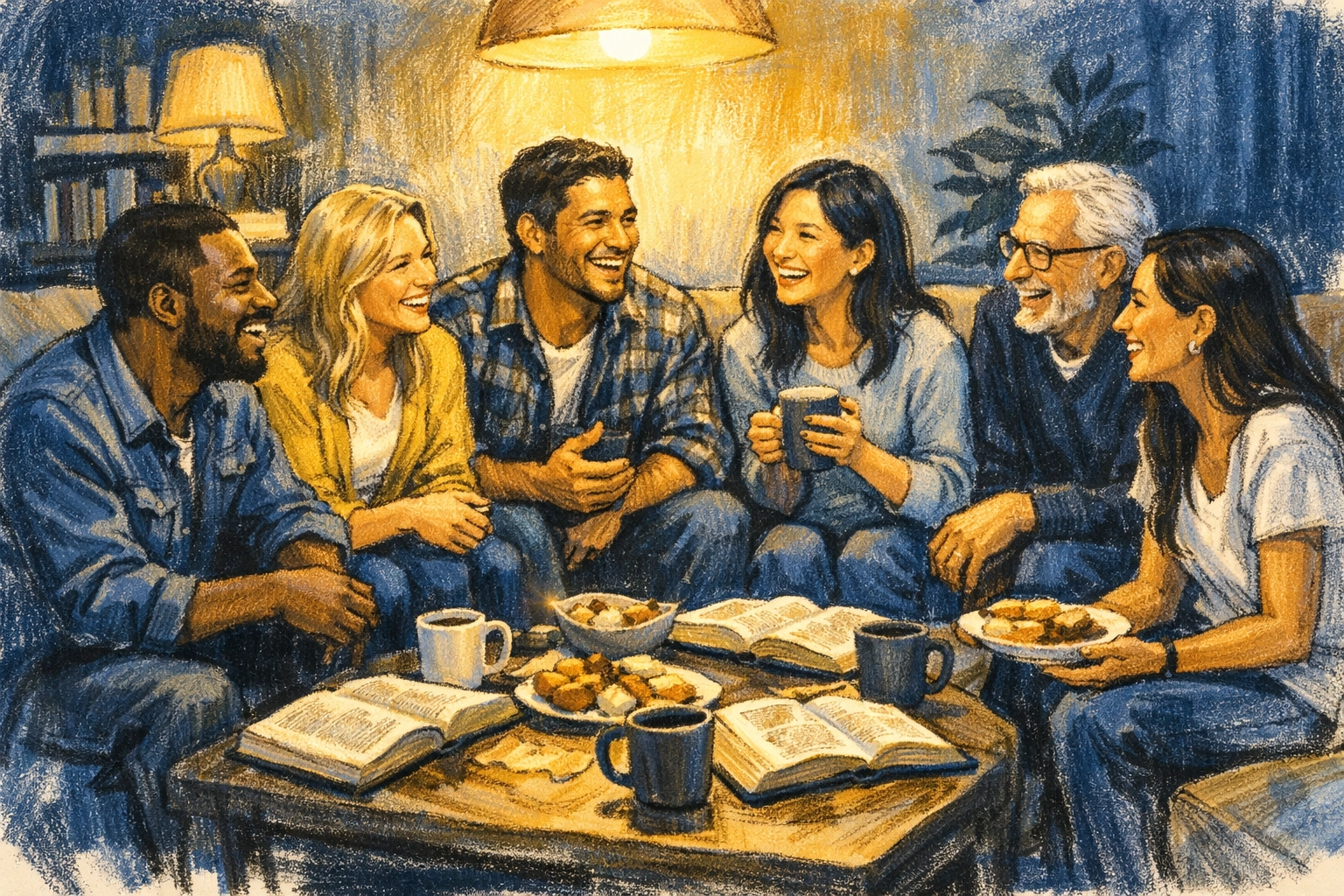 Diverse Christian community gathering for fellowship and Bible study in Life Group setting
