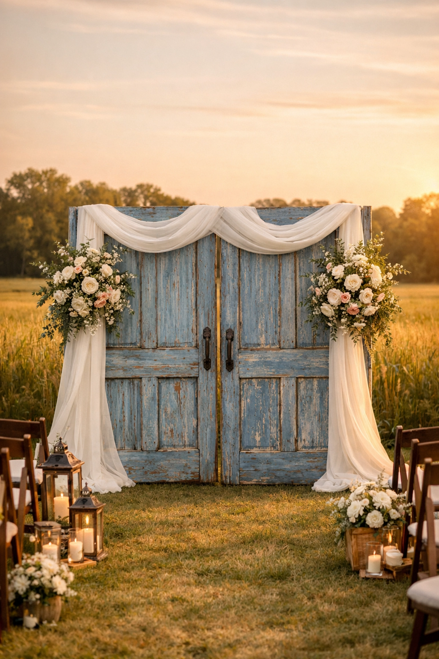 Elegant blue barn doors wedding backdrop rental in Fort Wayne Northeast Indiana with floral decor.