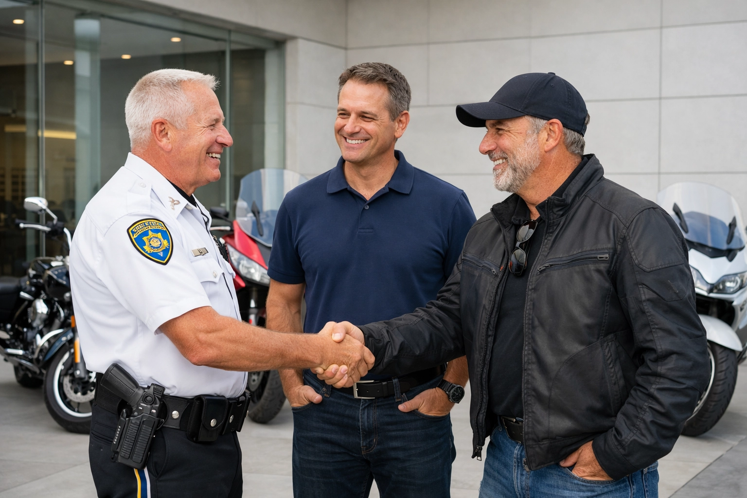Industry leaders and a motor officer shaking hands in a showroom, symbolizing DOT and brand safety collaboration.