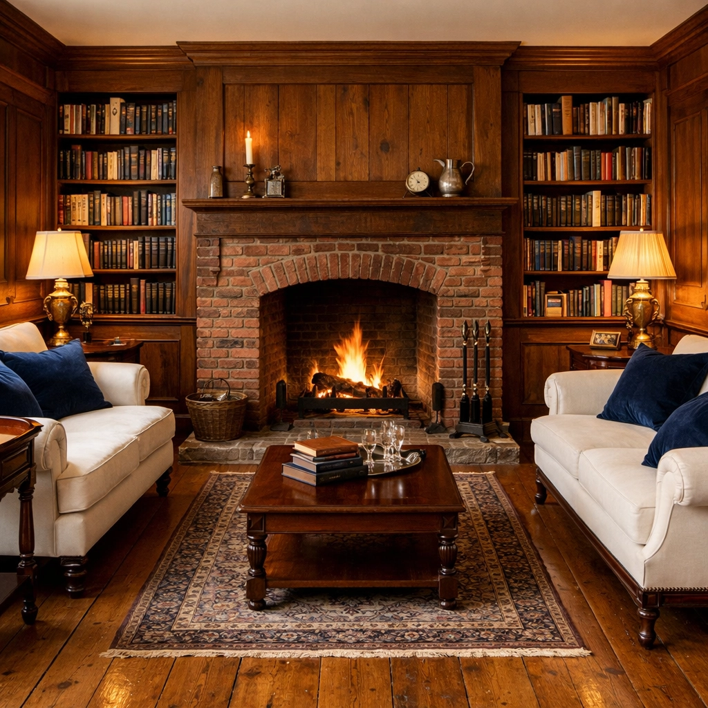 Expertly dusted historic Concord library with polished woodwork and clean wide-plank flooring.