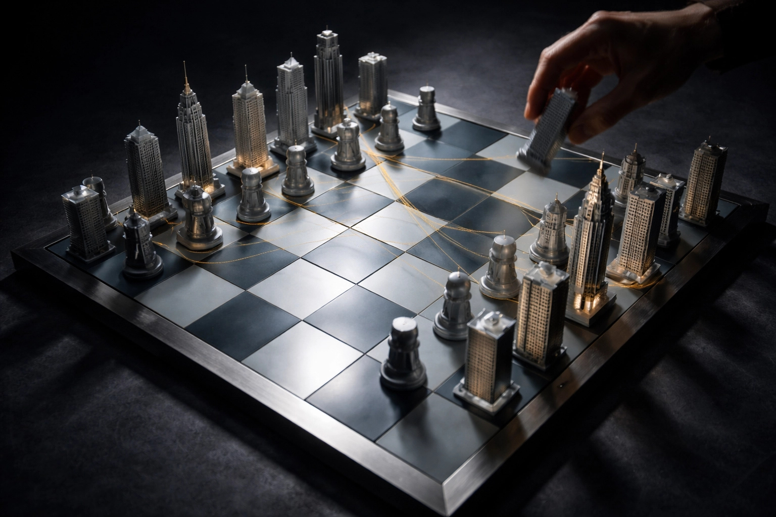 Chessboard of skyscrapers symbolizing interconnected hedge fund moves and dynamic portfolio diversification.