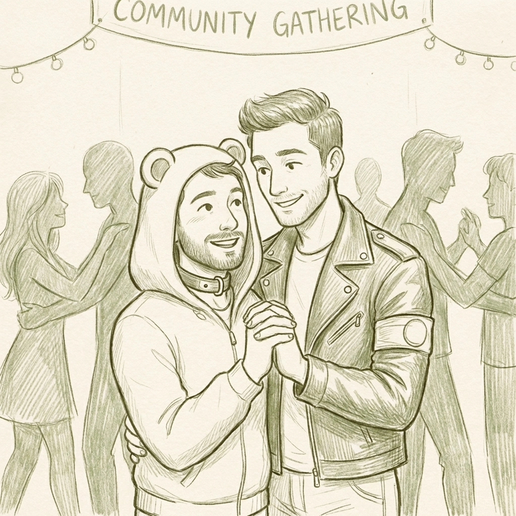 Gay pup and handler share intimate moment at leather community event celebrating trust