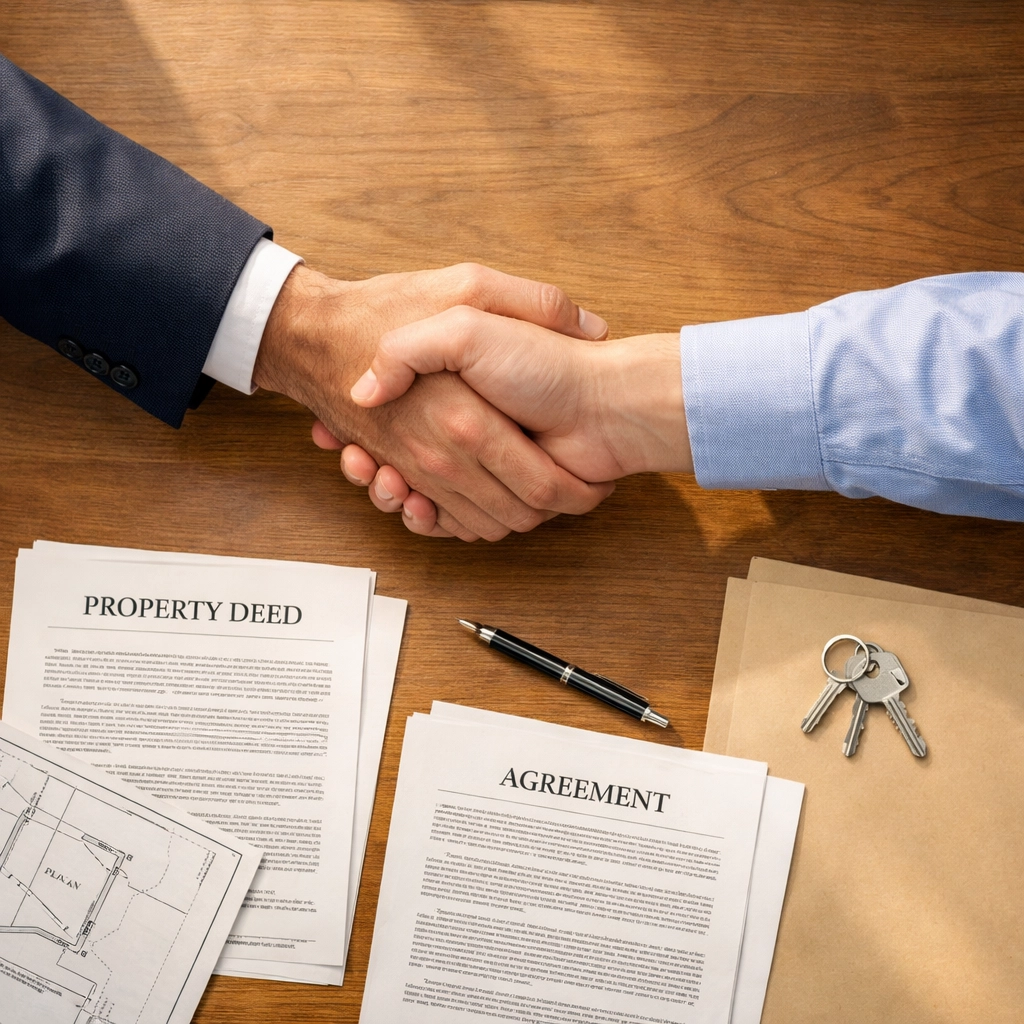 Handshake closing cash land sale deal with property documents