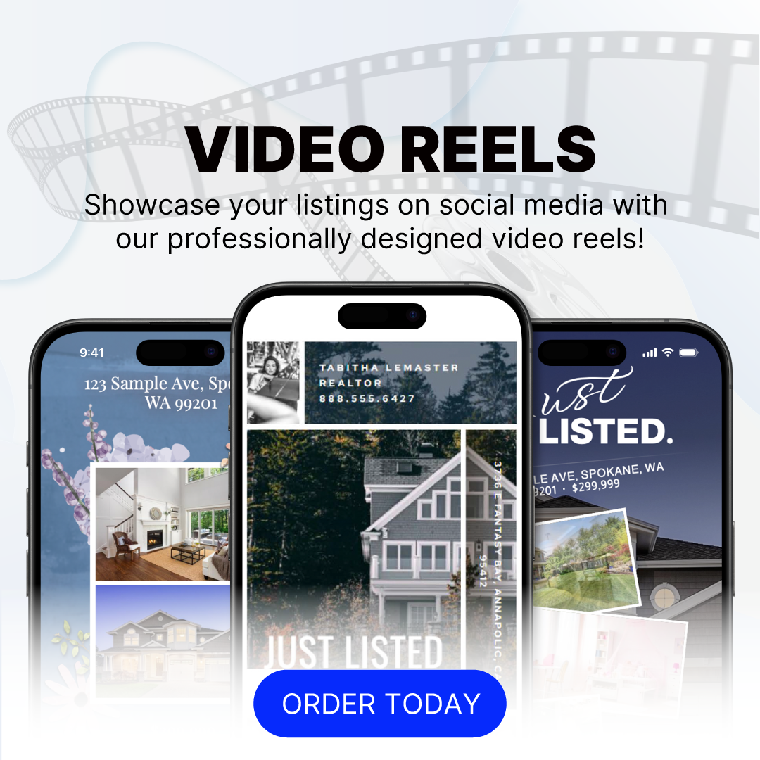 Three smartphones display real estate reels