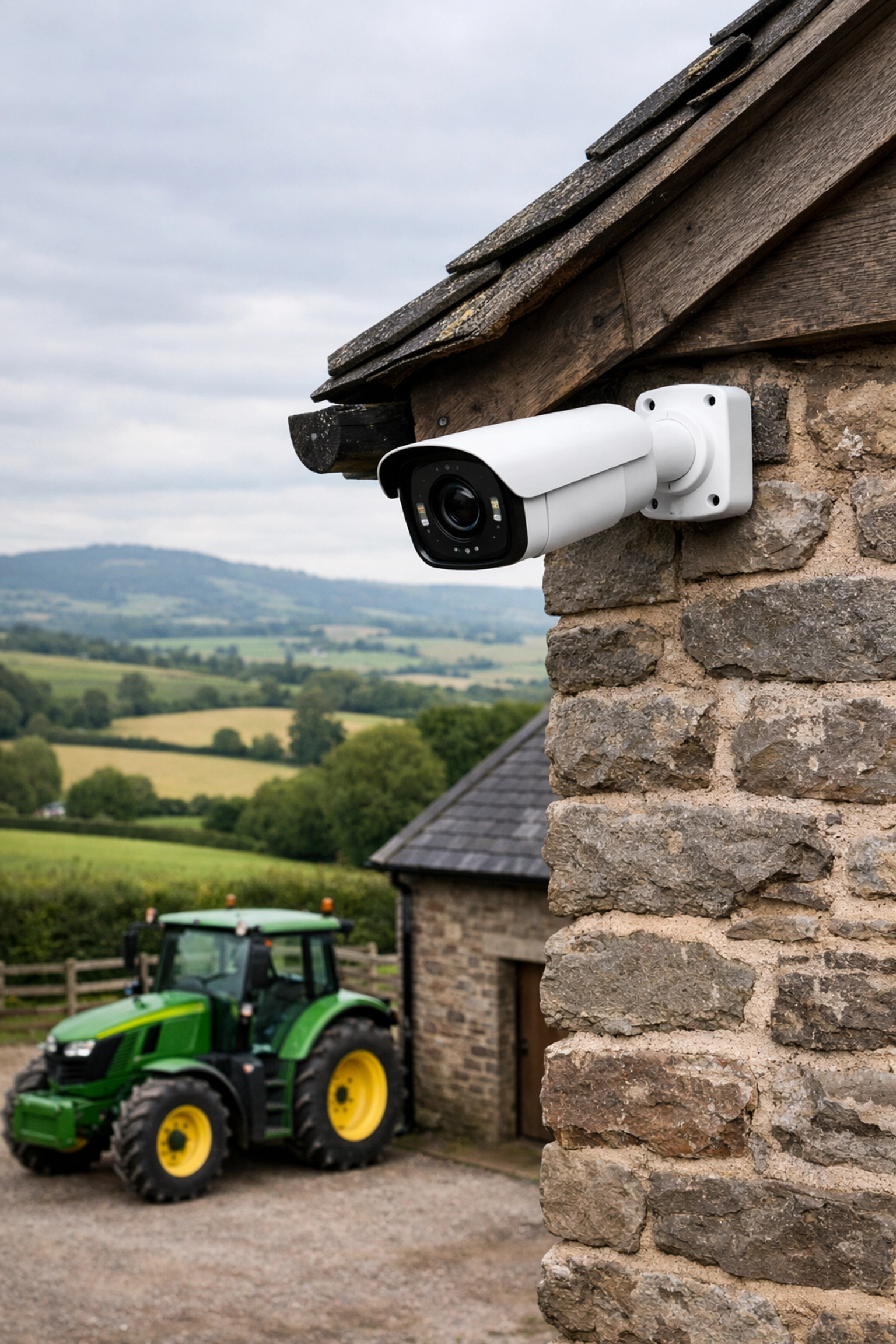 Professional security camera installation on a traditional Herefordshire barn for rural farm protection.
