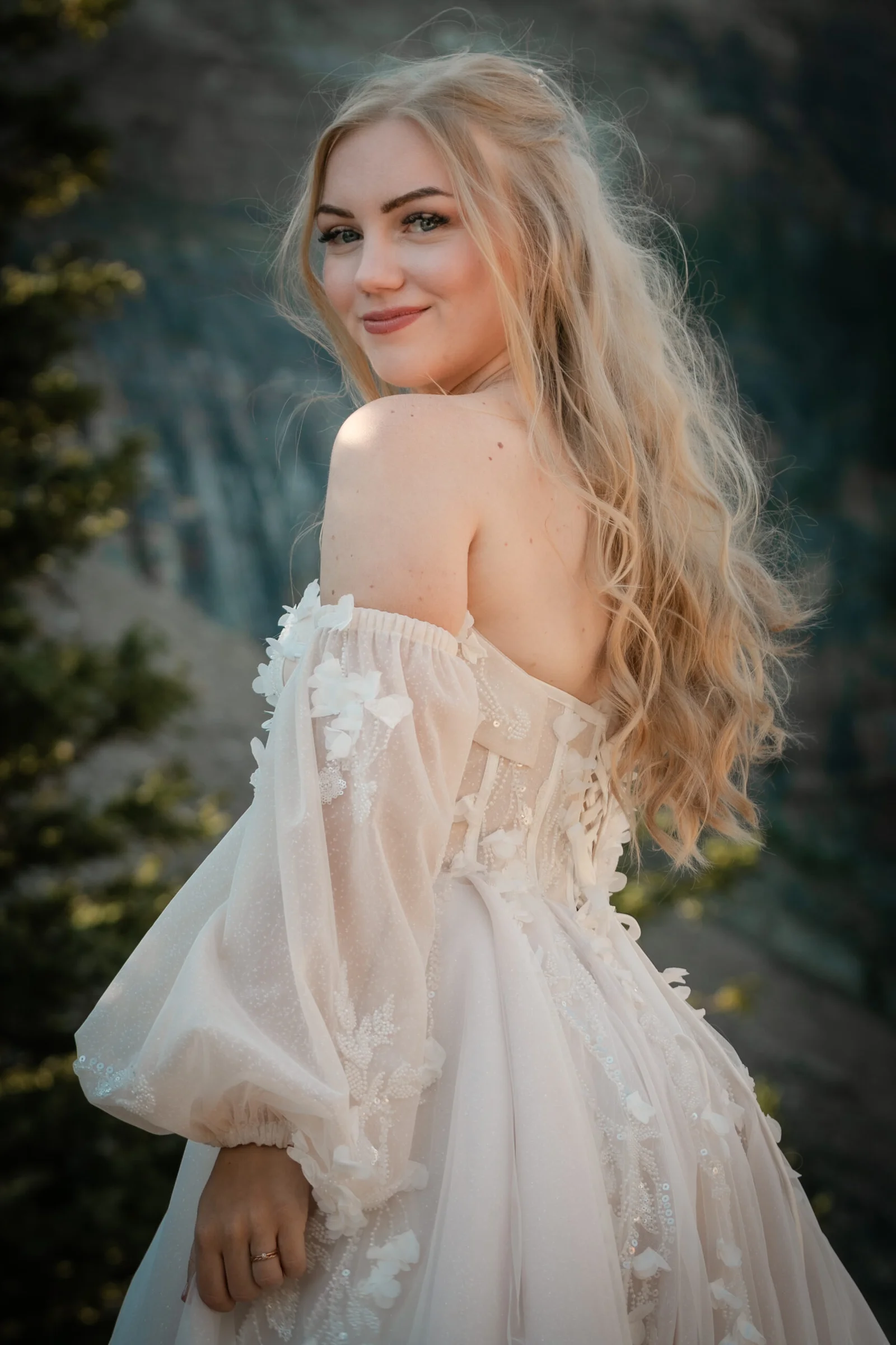 Bride in a romantic off-shoulder wedding gown