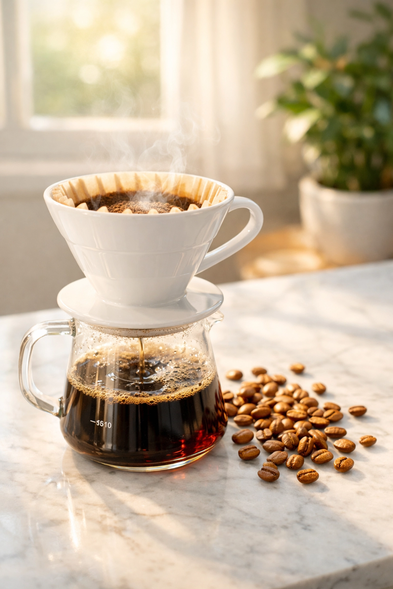 Pour-over coffee brewing with light roast beans on marble countertop