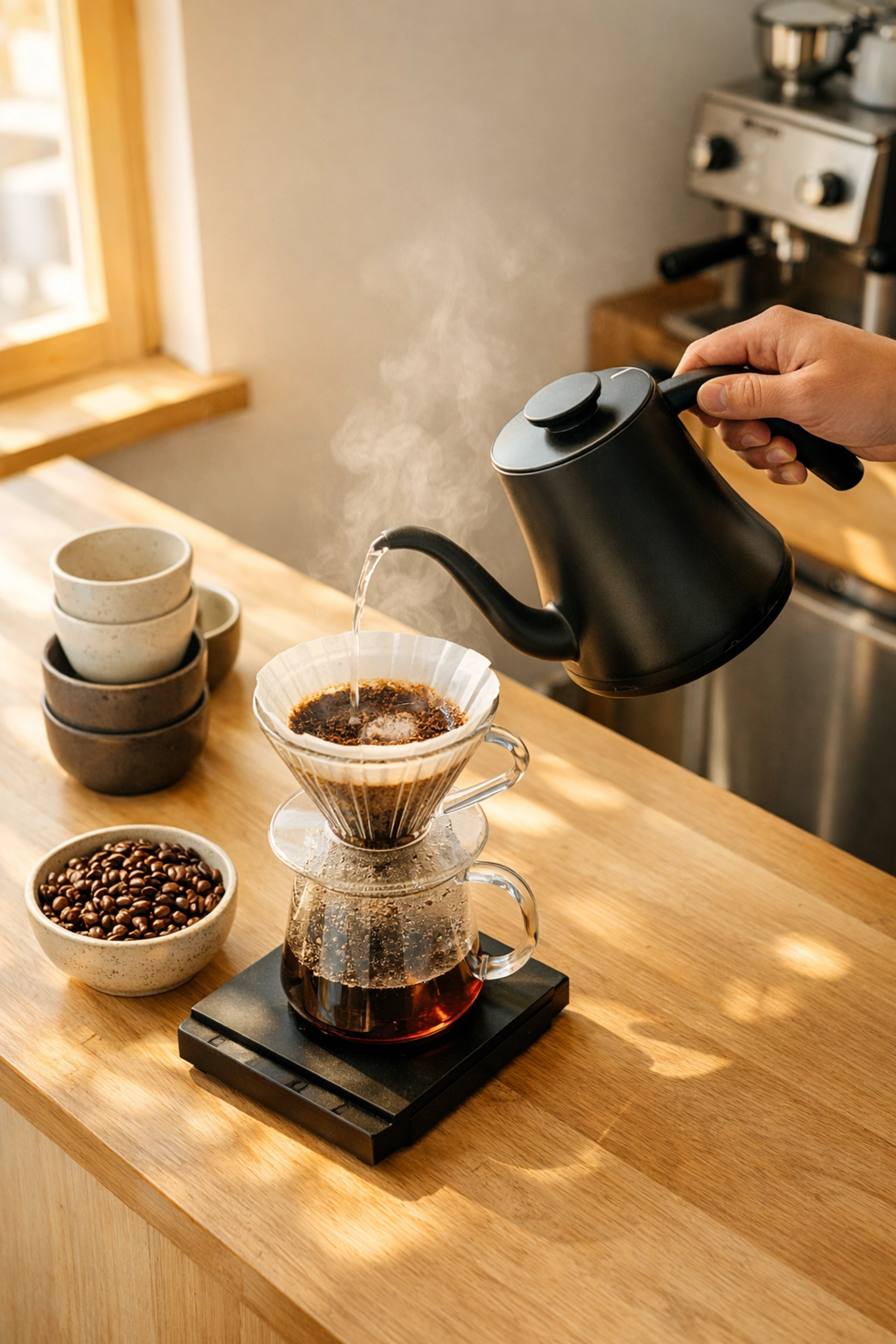 Barista brewing specialty coffee at a minimalist bar, highlighting quality for cafe startups.