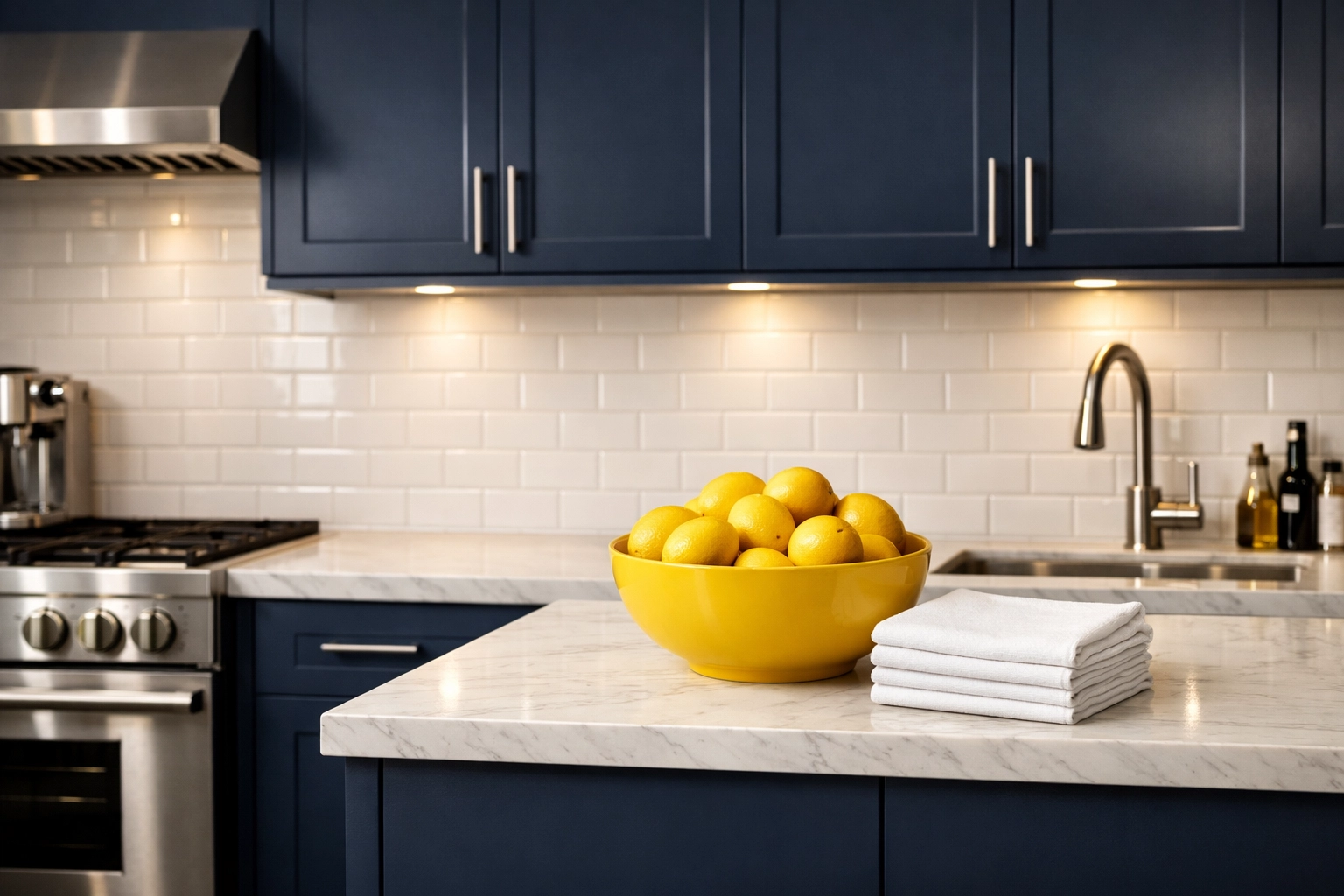 A clean high-end kitchen with marble countertops and navy cabinets highlighting regular interior maintenance.