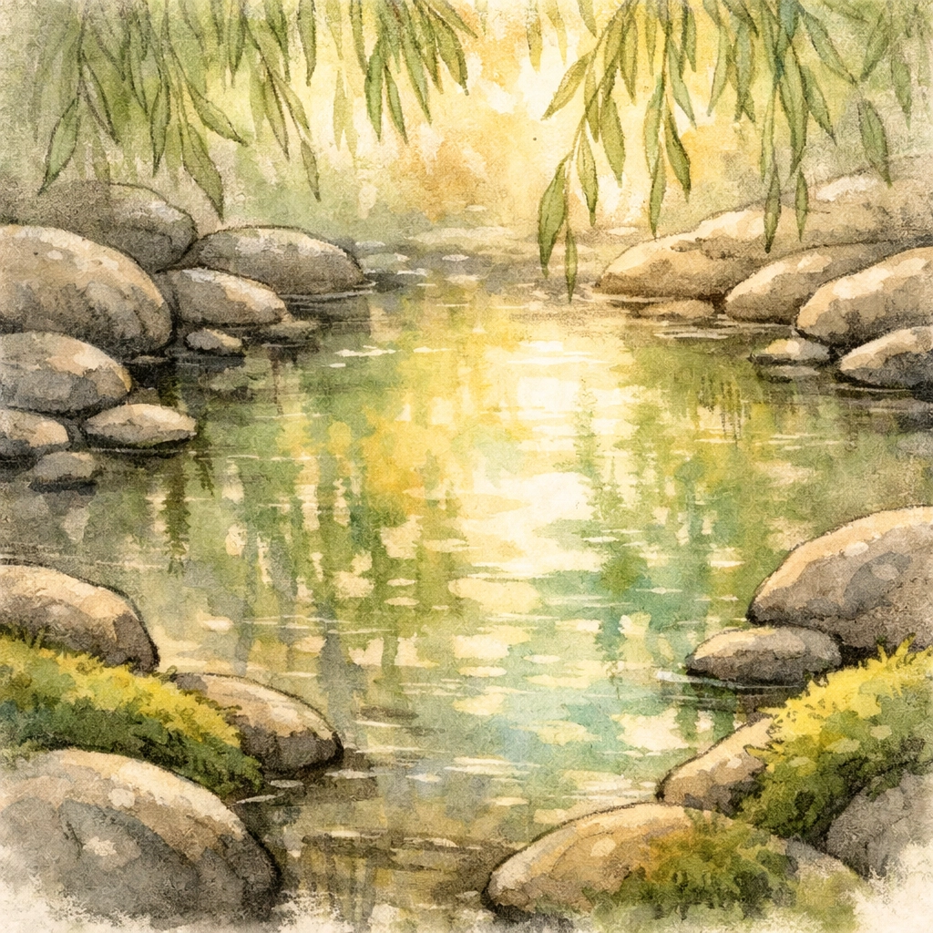 Tranquil still waters and smooth stones illustrating God's peace and rest for weary souls