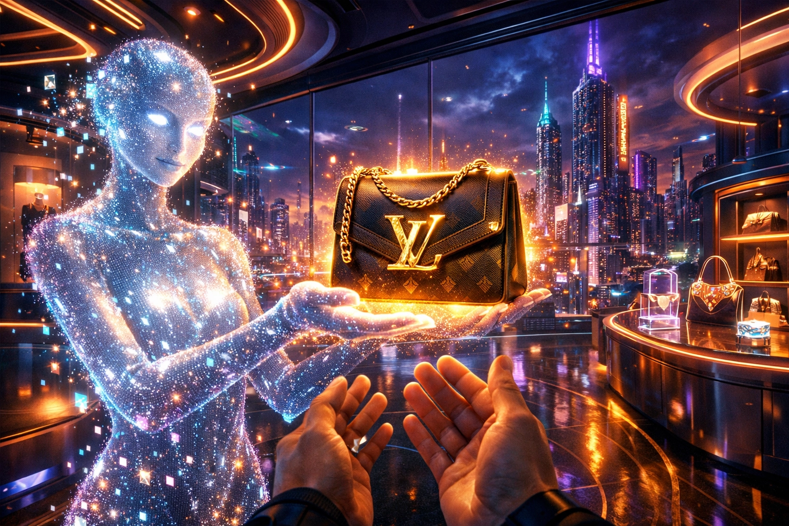 AI assistant helping a shopper in a futuristic metaverse storefront using Larecoin for payments.