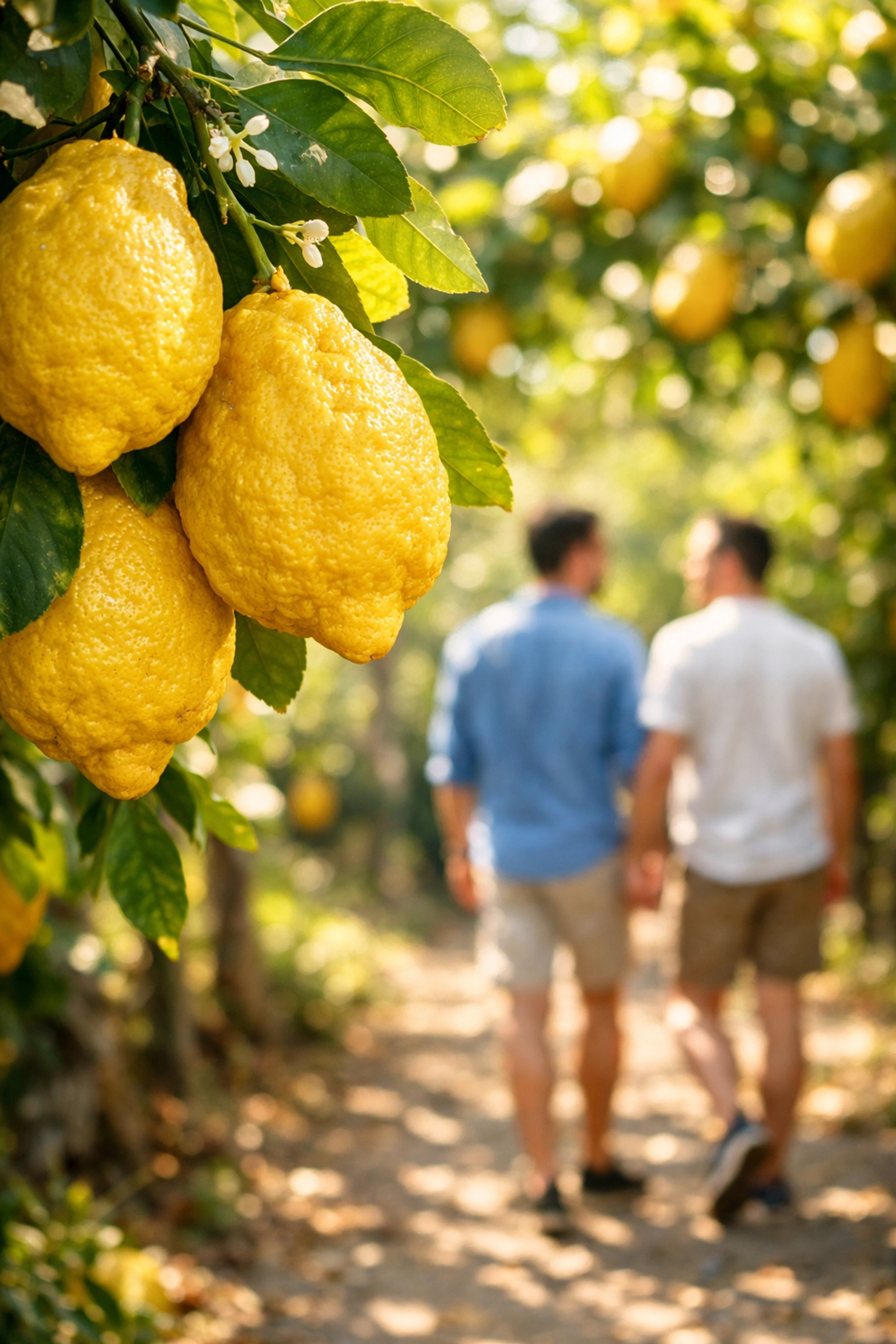 Gay couple walking through Amalfi lemon groves on romantic honeymoon