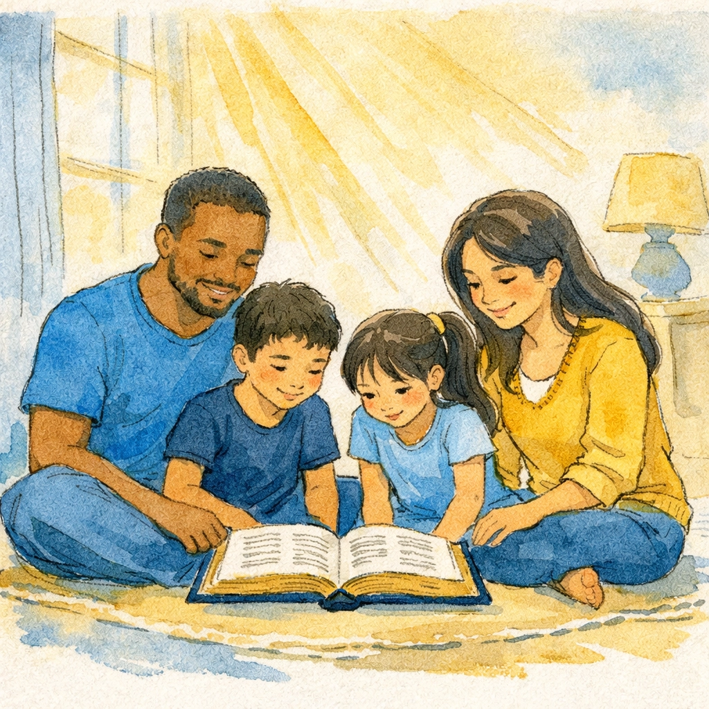 Diverse family reading Bible together on living room floor during sabbath rest